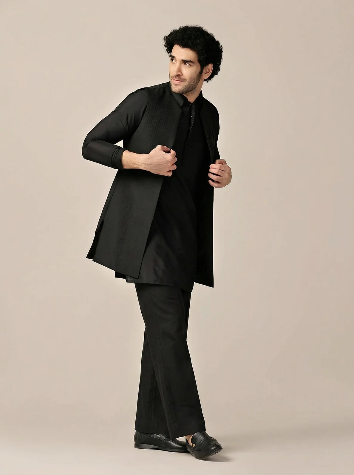 Black Silk Blend Jacquard Mid Kurta Front Open Jacket Wide Leg Trouser Set - Image 8