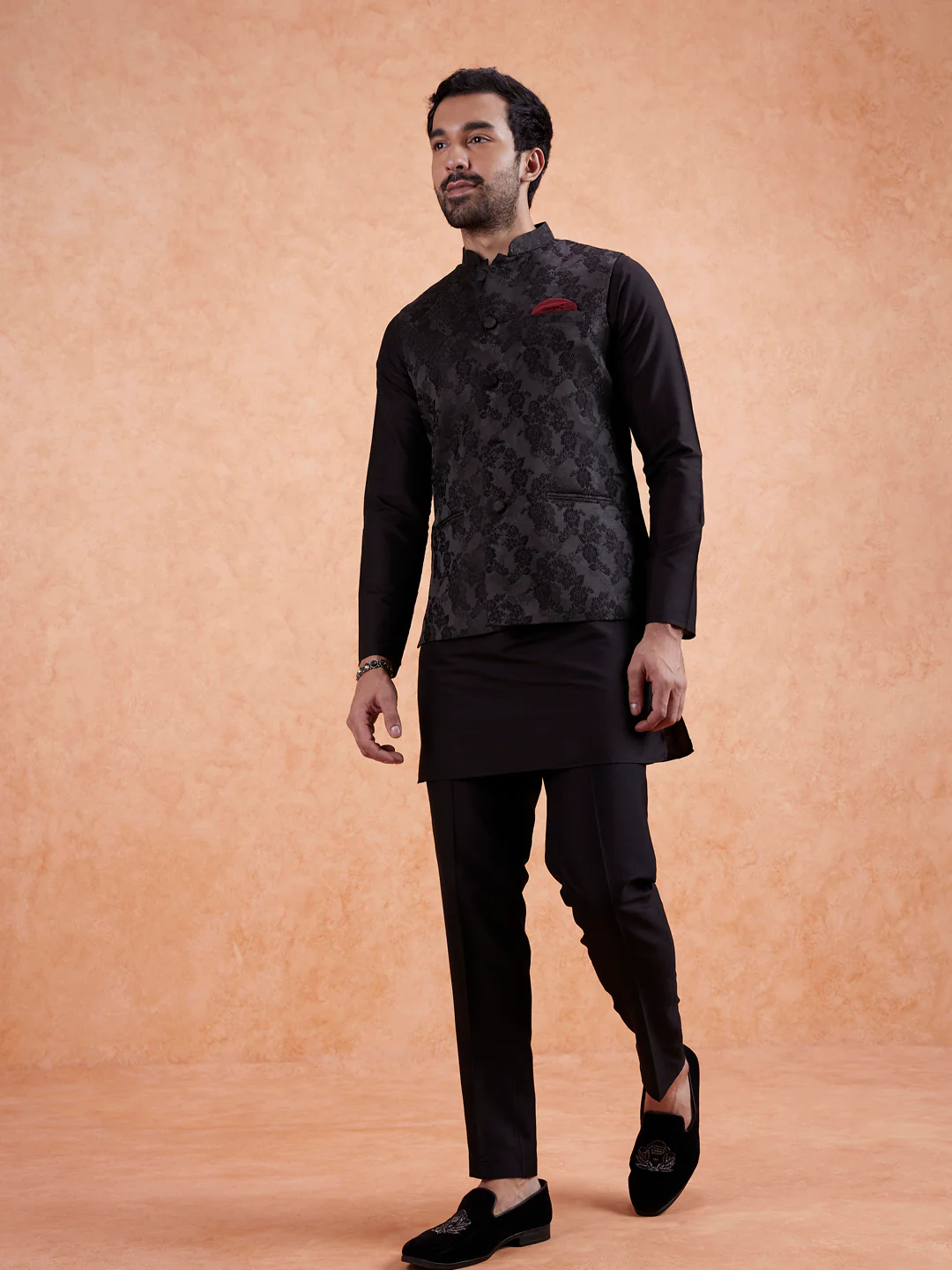 Black Jacquard Silk Blend Kurta Jacket Set - Image 10