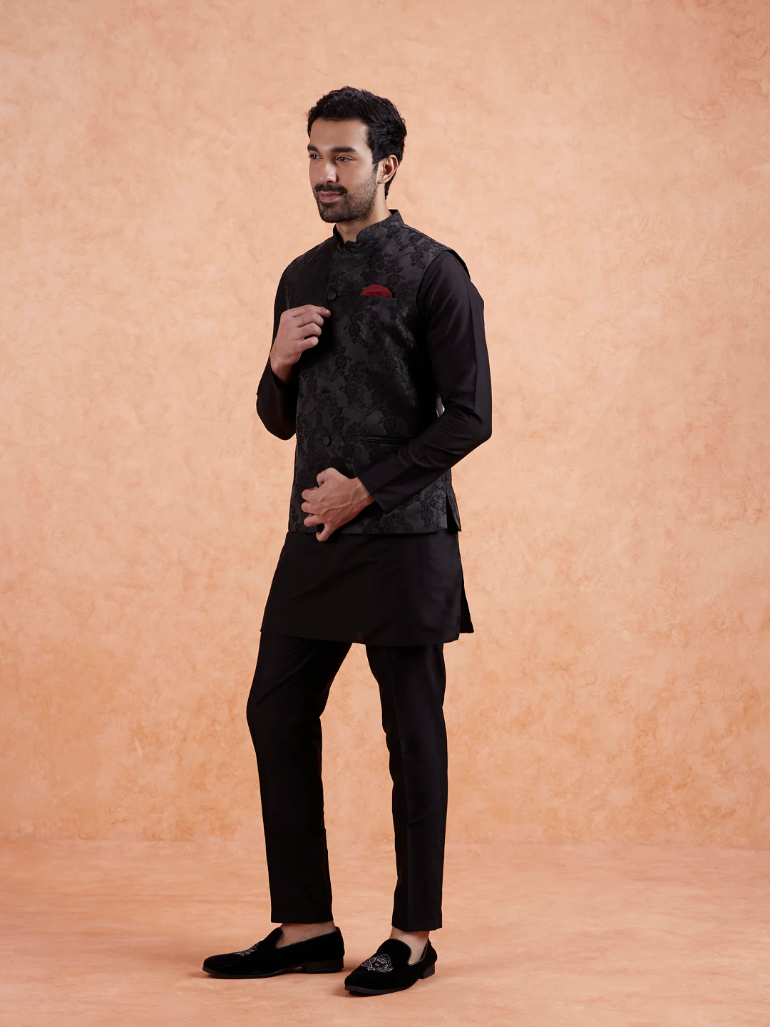 Black Jacquard Silk Blend Kurta Jacket Set - Image 3