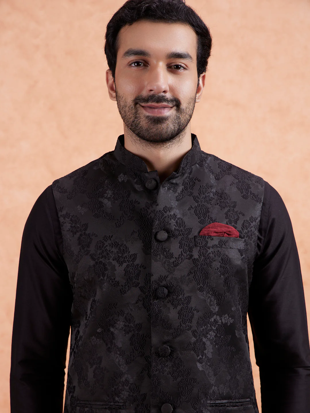 Black Jacquard Silk Blend Kurta Jacket Set - Image 5