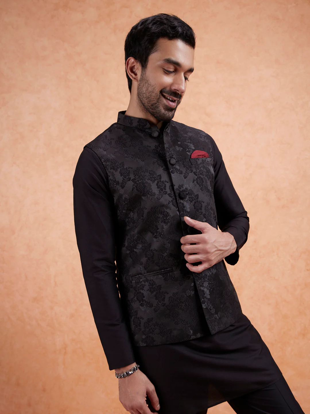 Black Jacquard Silk Blend Kurta Jacket Set - Image 8