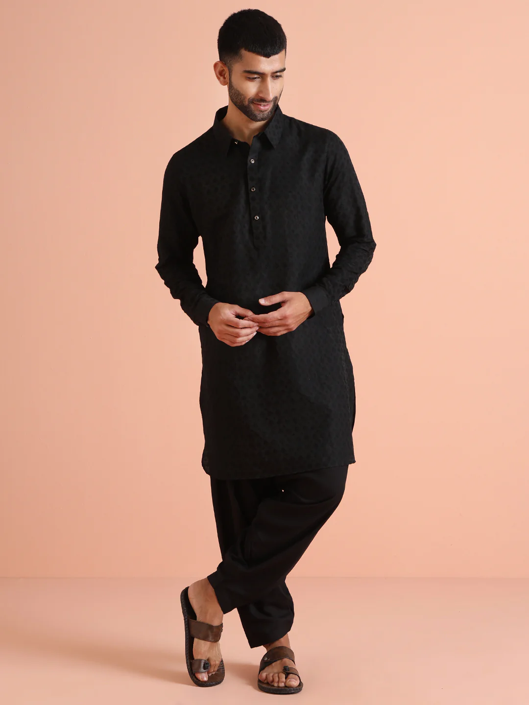 Black Silk Blend Jacquard Pathani Kurta Patiyala Set - Image 8