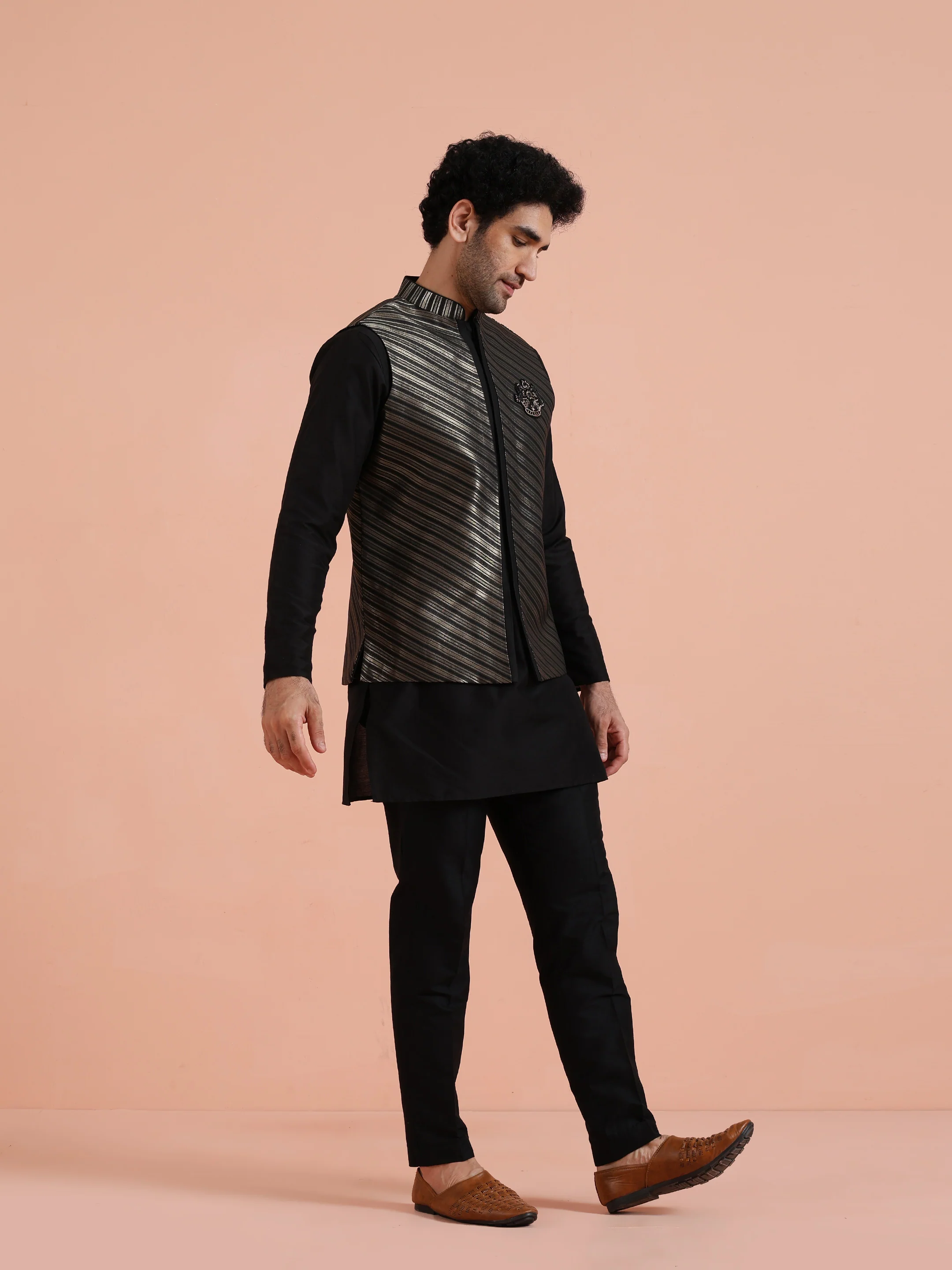 Black Silk Blend Kurta Jacket Set - Image 2