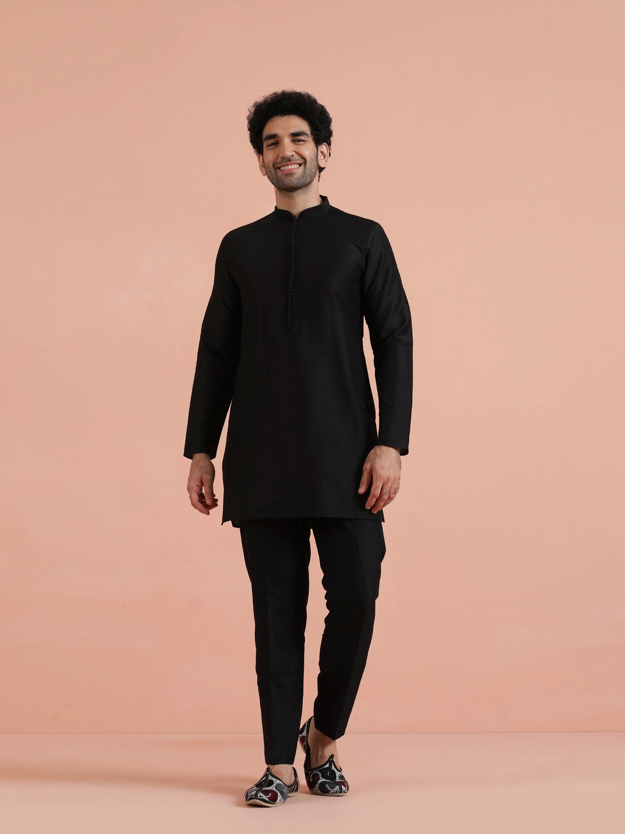 Black Silk Blend Kurta Jacket Set - Image 8