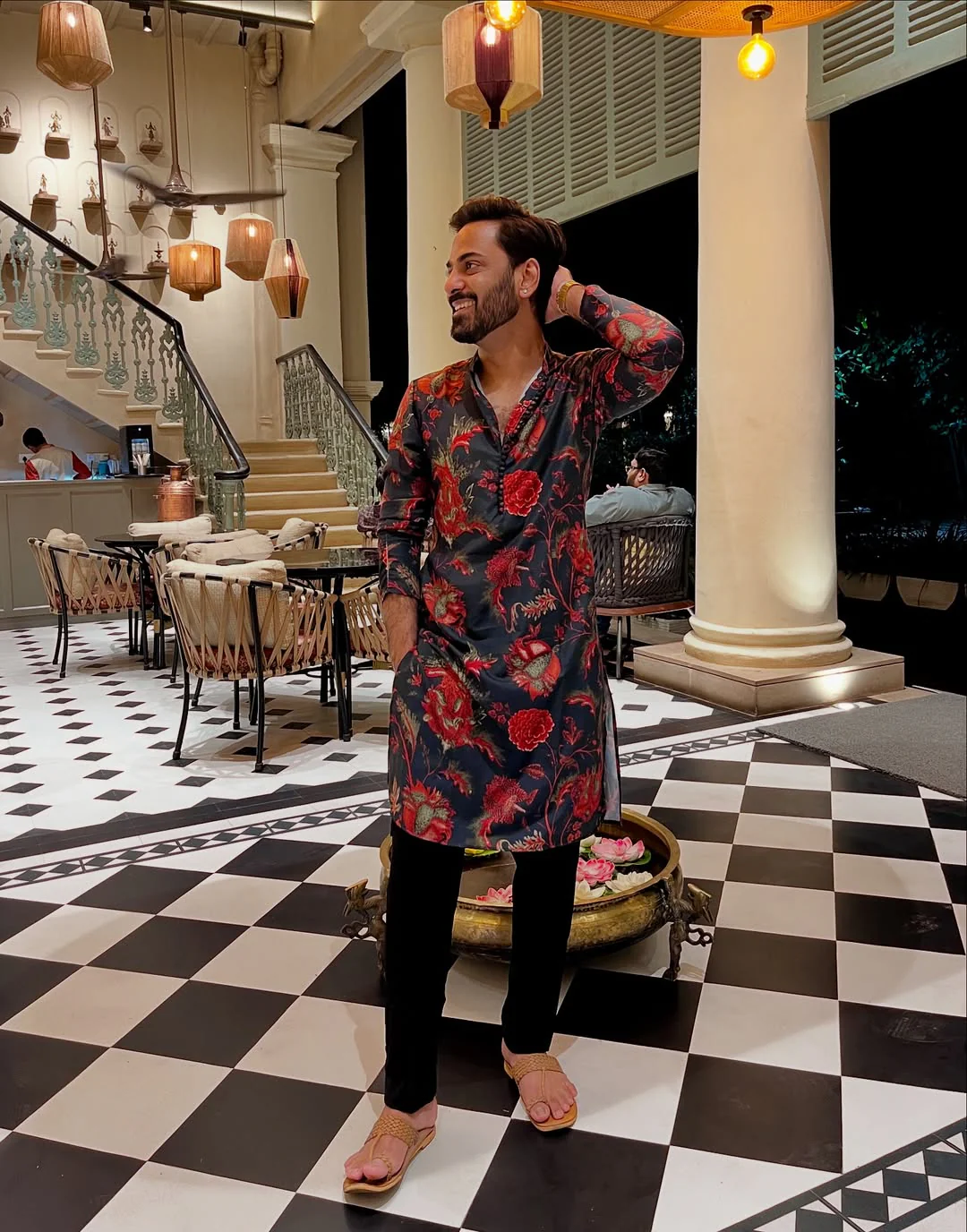 Black Silk Blend Kurta Set with Multicolor Floral Prints and Black Trousers – Festive & Wedding Ensemble - Image 2
