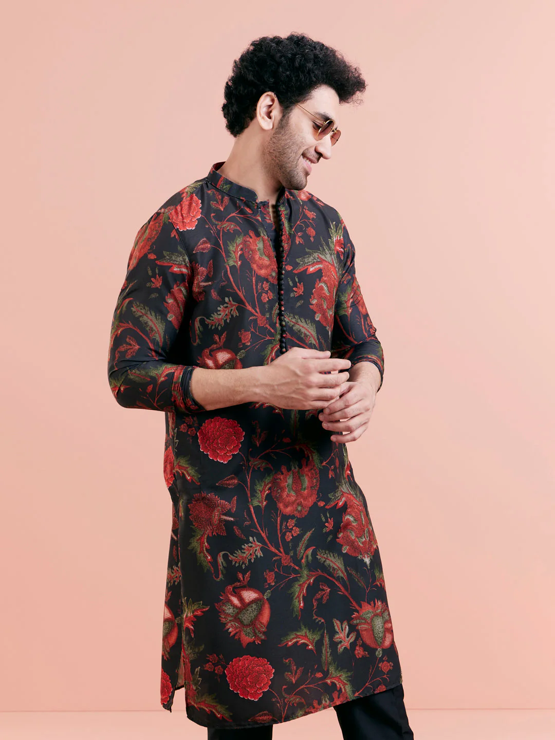 Black Silk Blend Kurta Set with Multicolor Floral Prints and Black Trousers – Festive & Wedding Ensemble - Image 6