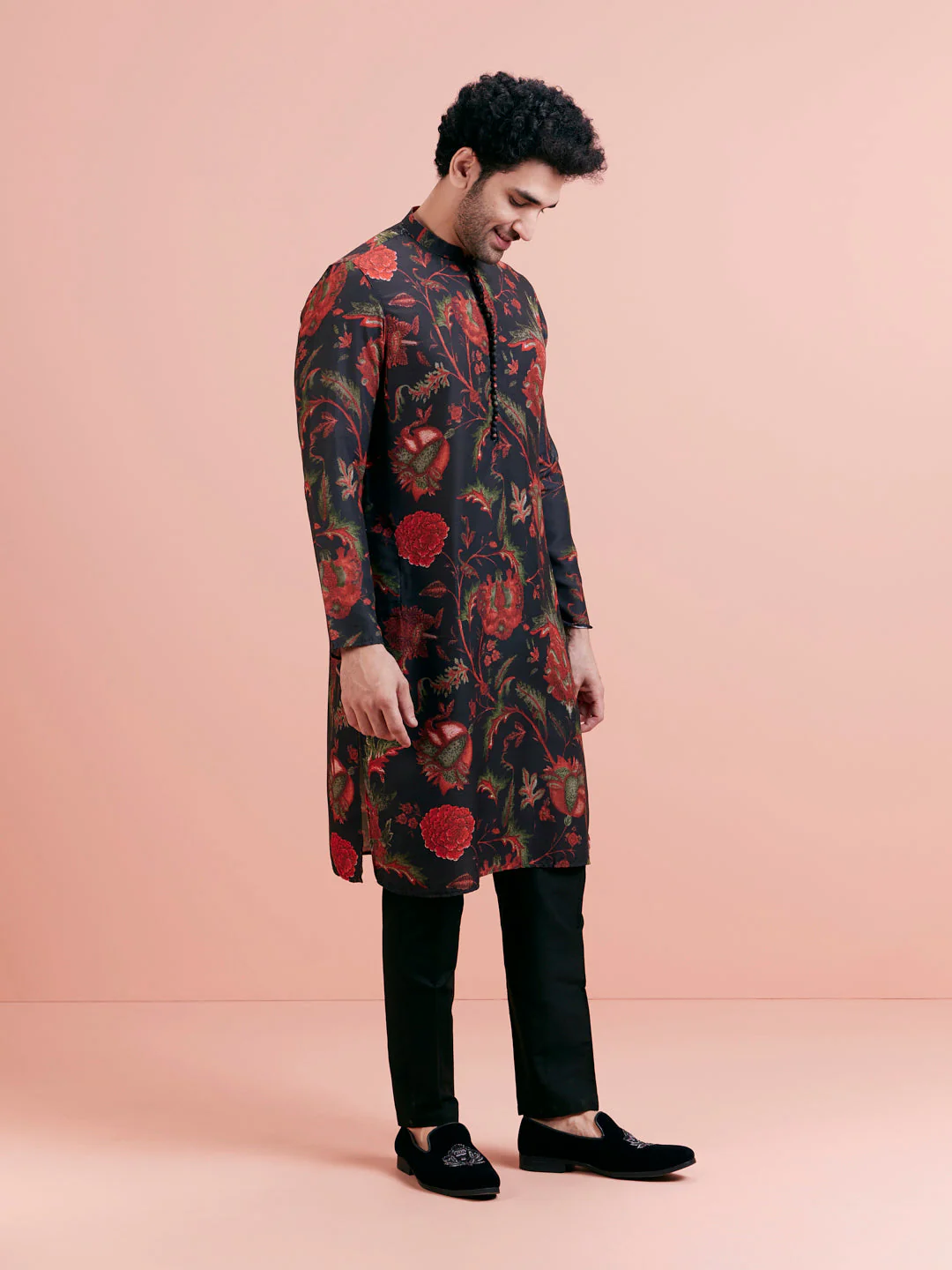 Black Silk Blend Kurta with Red and Green Floral Prints - Image 3