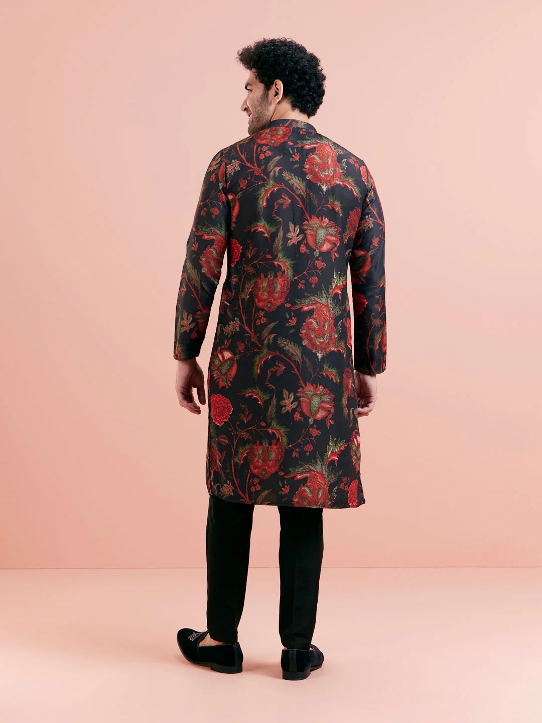 Black Silk Blend Kurta with Red and Green Floral Prints - Image 5