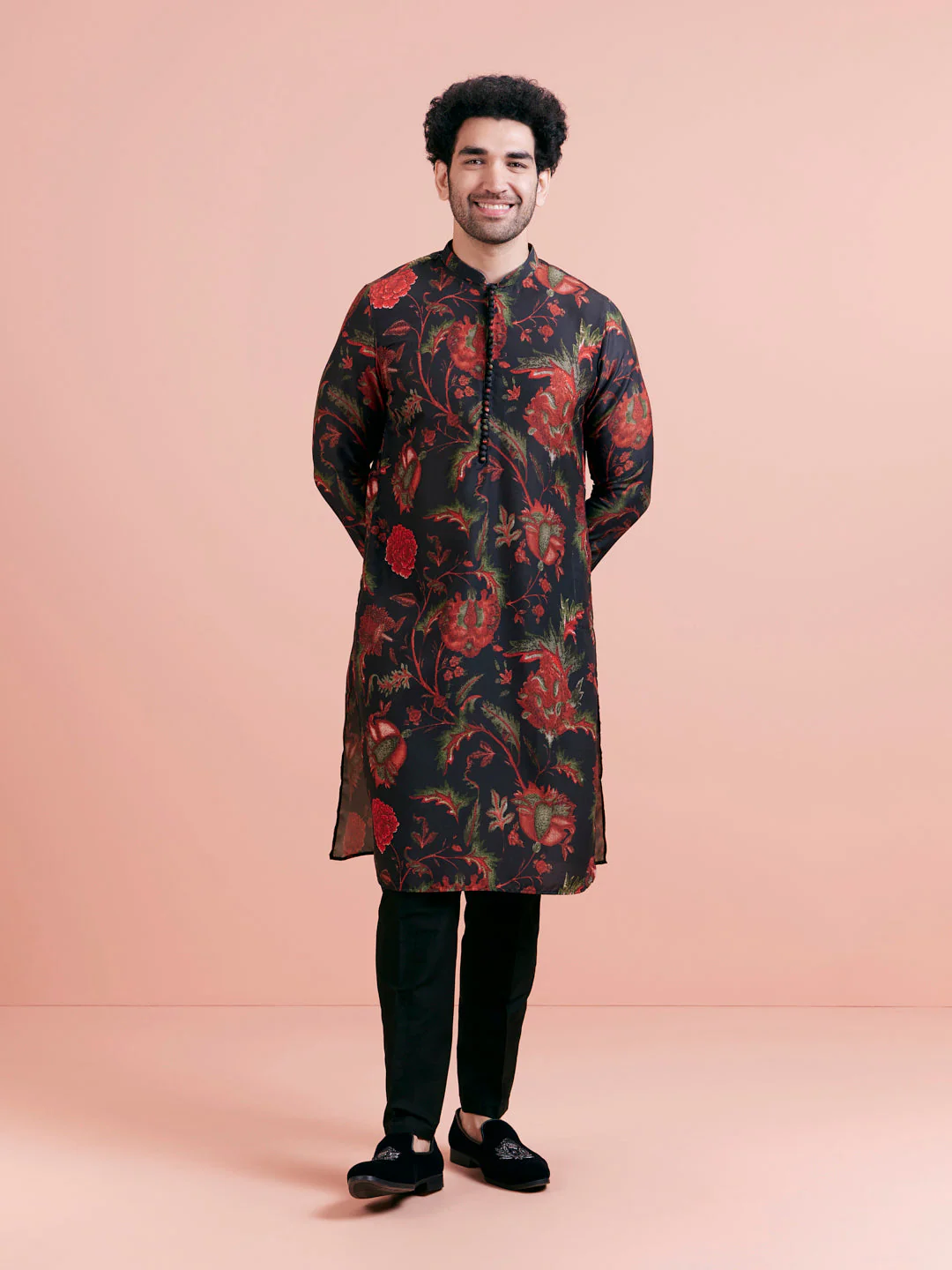 Black Silk Blend Kurta with Red and Green Floral Prints - Image 7