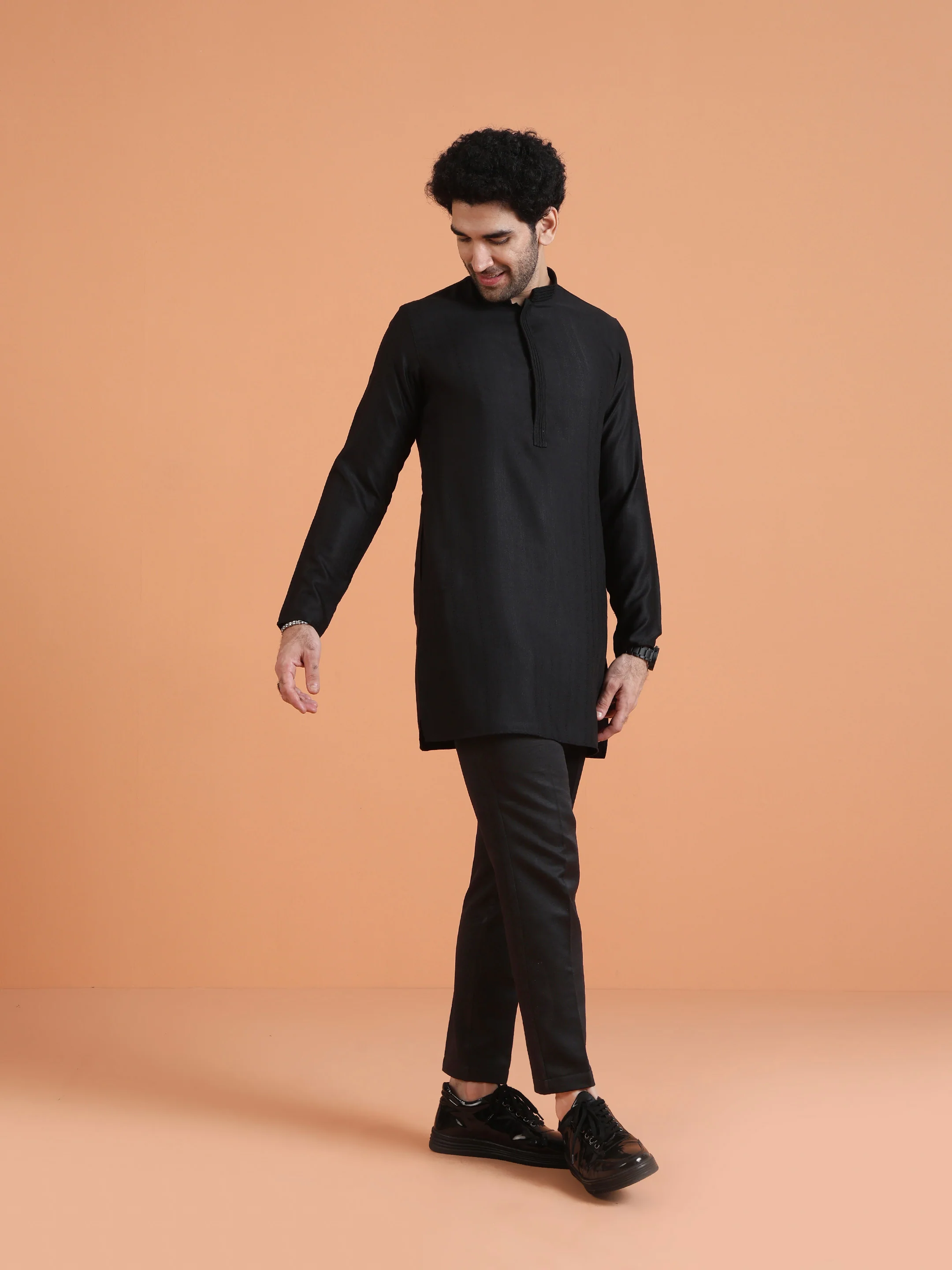 Black Silk Blend Kurta with Trouser Set - Image 2