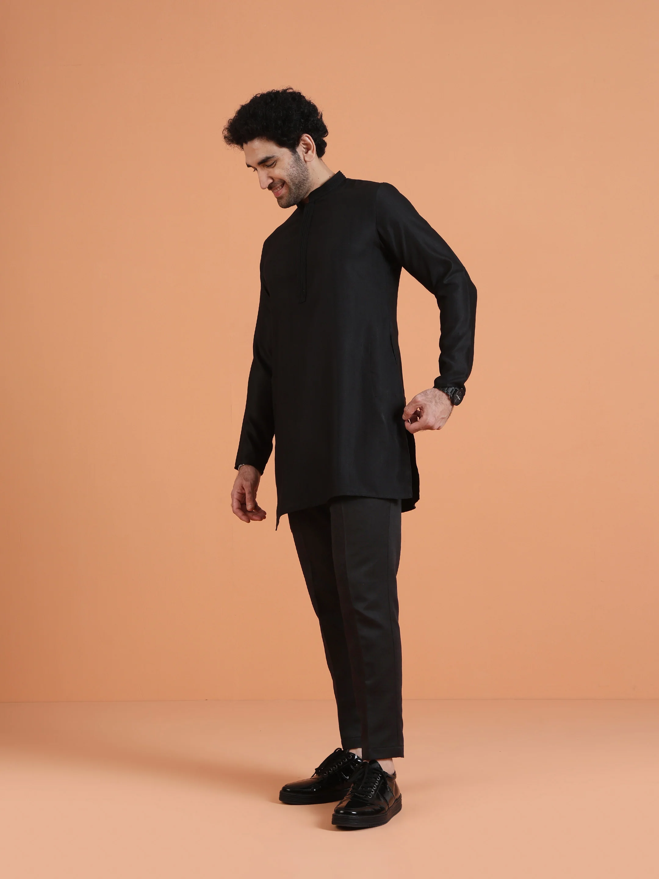 Black Silk Blend Kurta with Trouser Set - Image 3