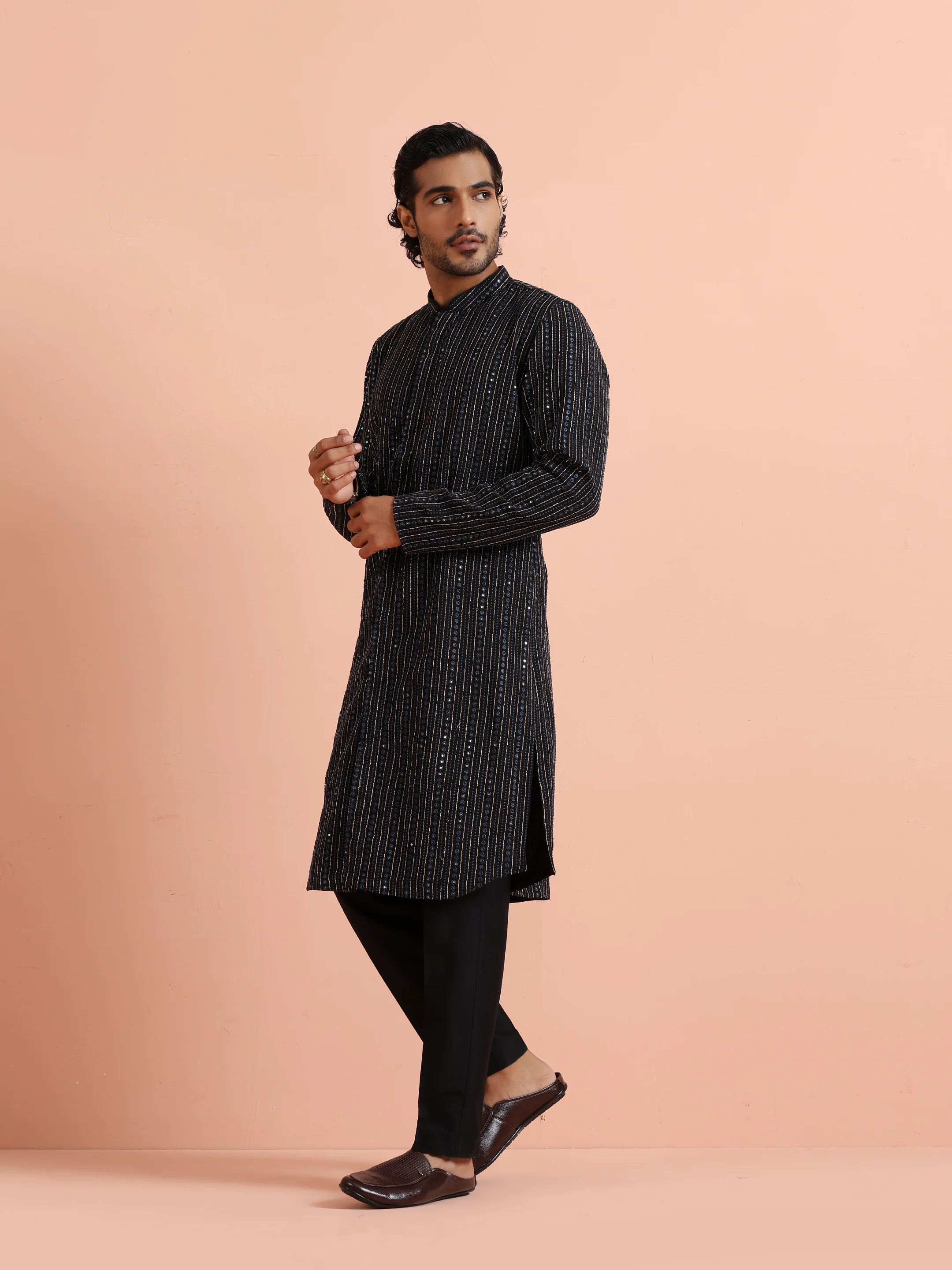 Black Silk Blend Mirror Work Kurta - Image 3
