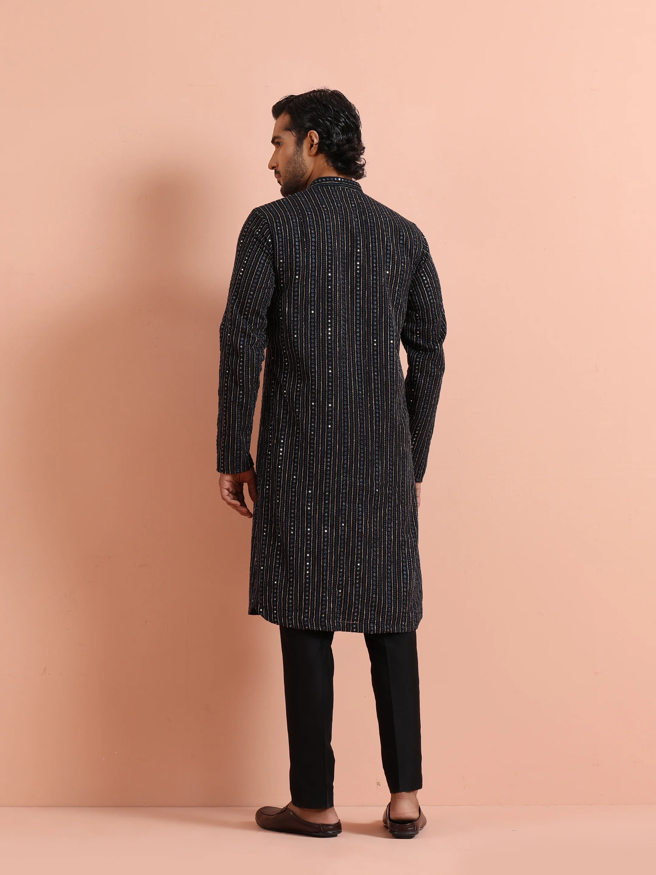 Black Silk Blend Mirror Work Kurta - Image 4