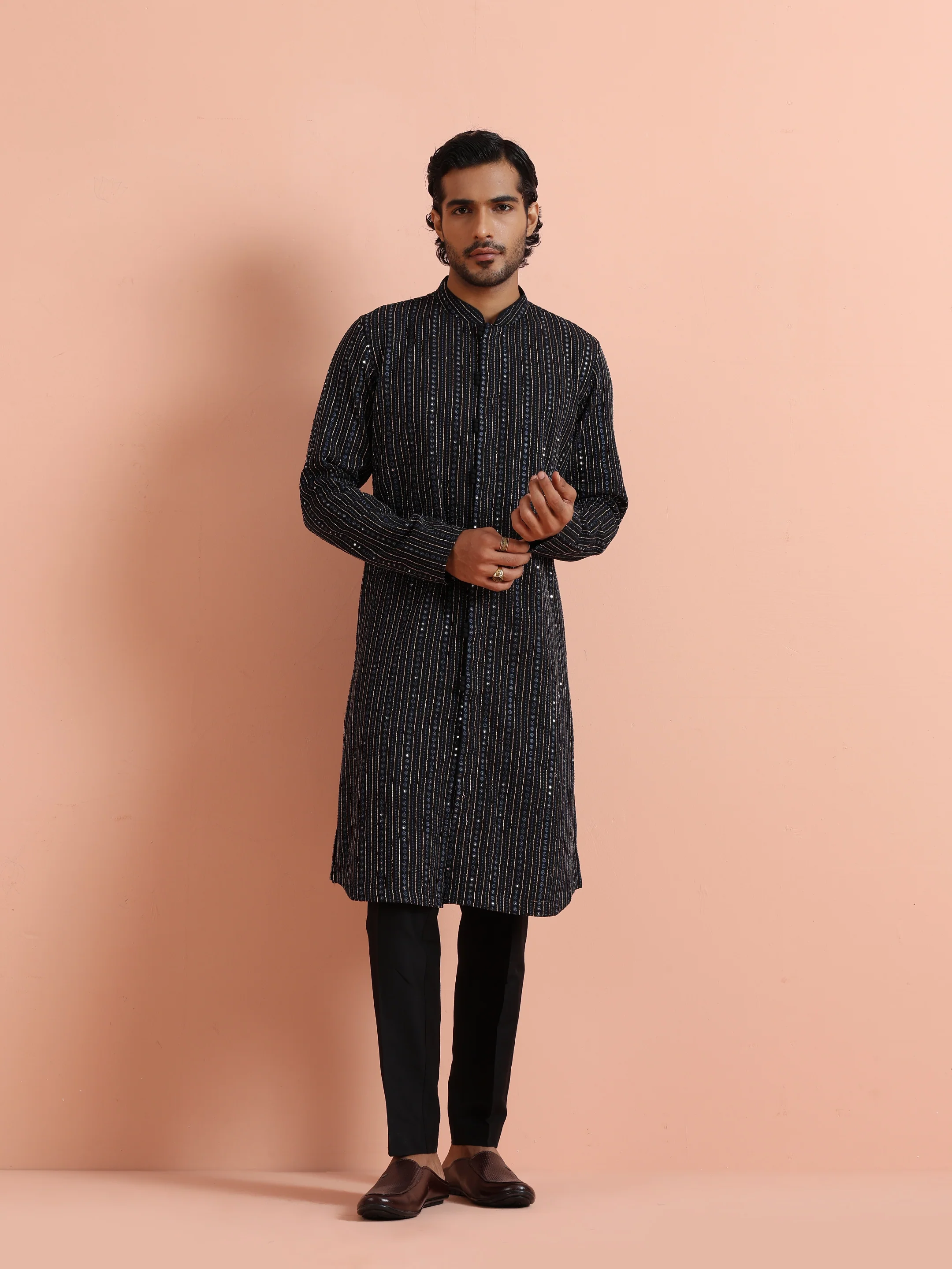 Black Silk Blend Mirror Work Kurta - Image 6