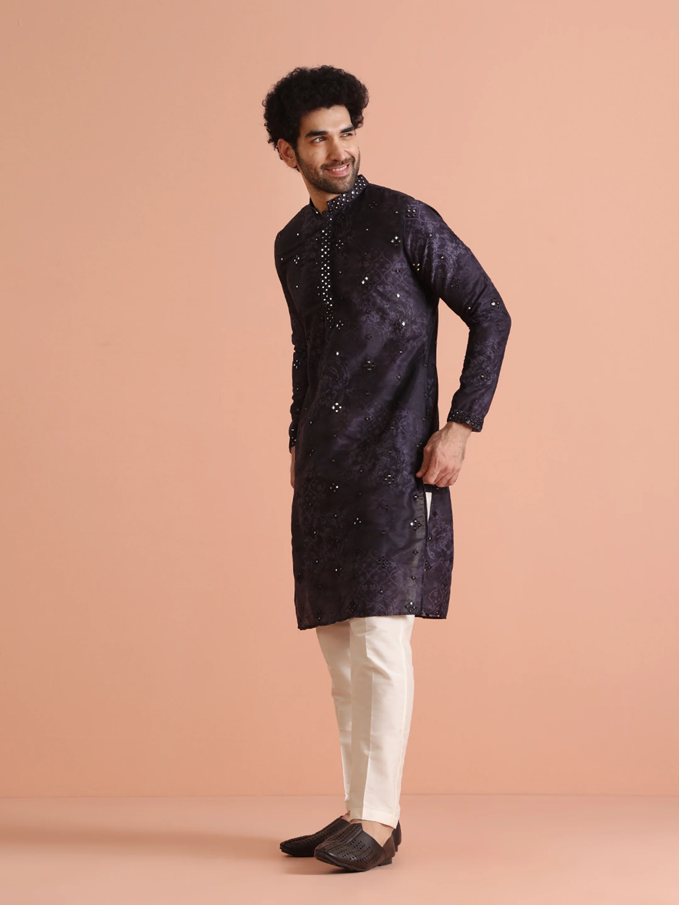 Black Silk Blend Mirror Work Kurta Trouser Set - Image 2