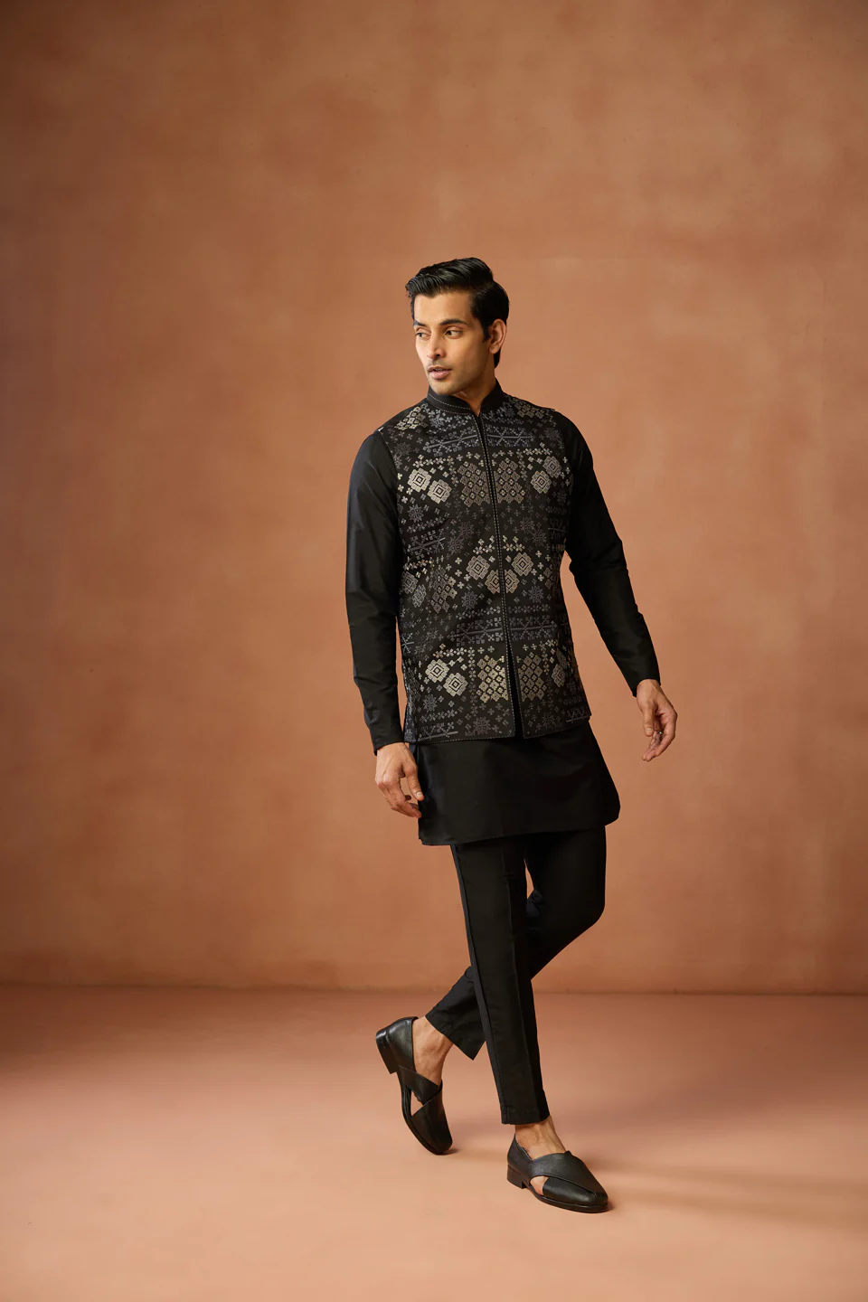 Black Silk Blend Nehru Jacket with Silver Geometric Woven - Image 2
