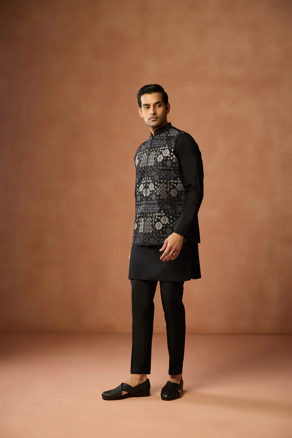 Black Silk Blend Nehru Jacket with Silver Geometric Woven - Image 3