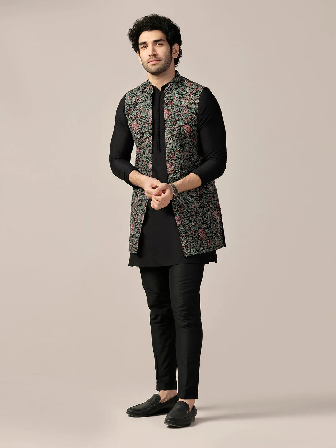 Black Silk Blend Printed Jacket Kurta Trouser Set - Image 3