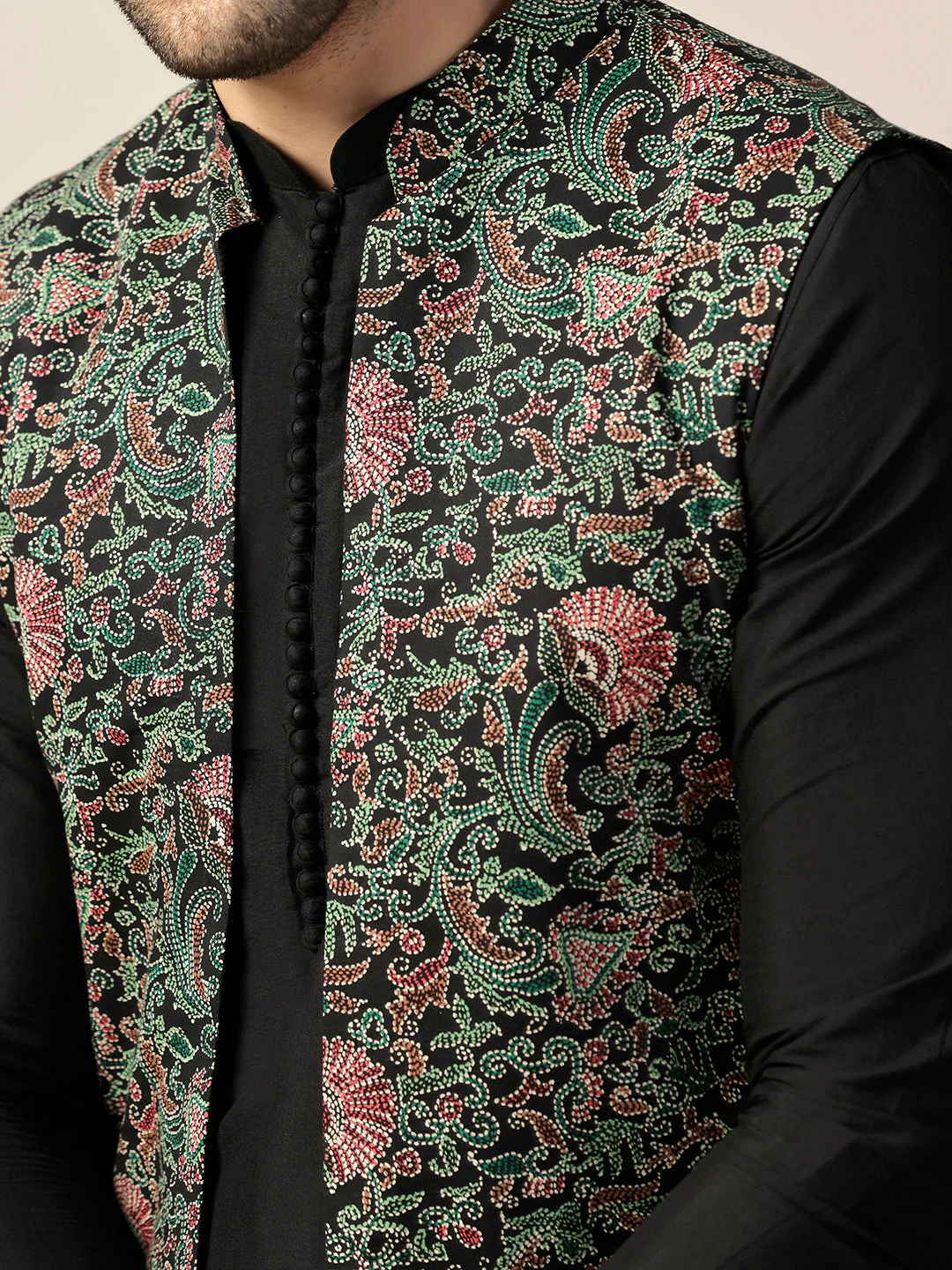 Black Silk Blend Printed Jacket Kurta Trouser Set - Image 5