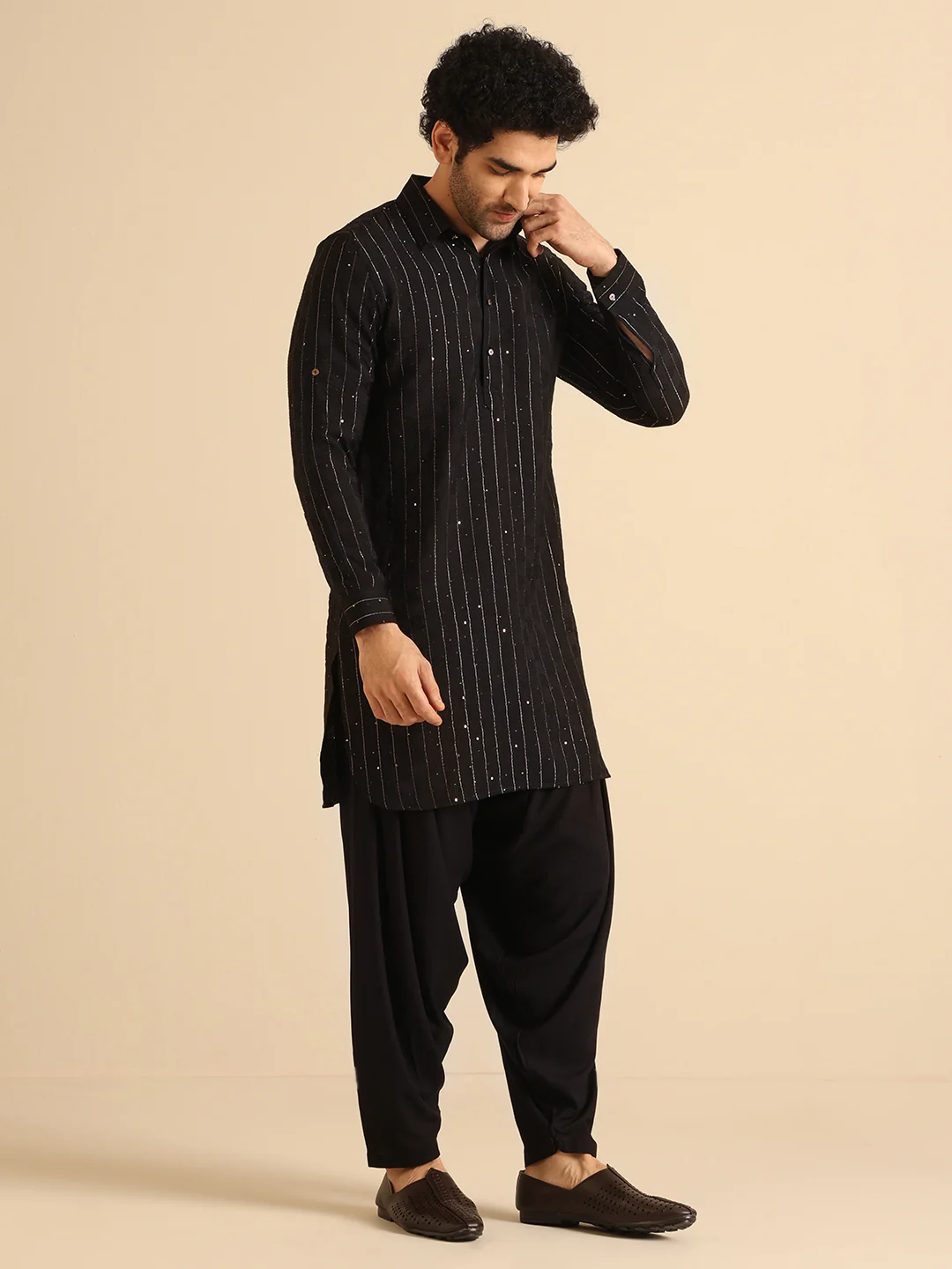 Black Silk Blend Self Design Pathani Kurta Patiyala Set - Image 2