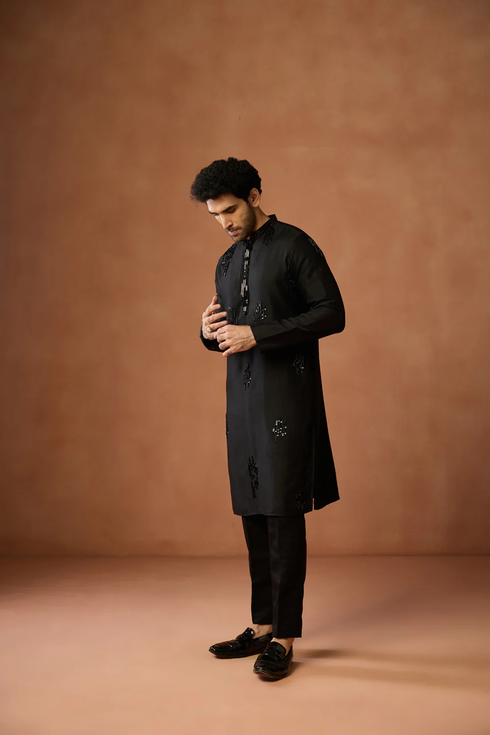 Black Silk Blend Sequin Embroidered Kurta Trouser Set - Image 2