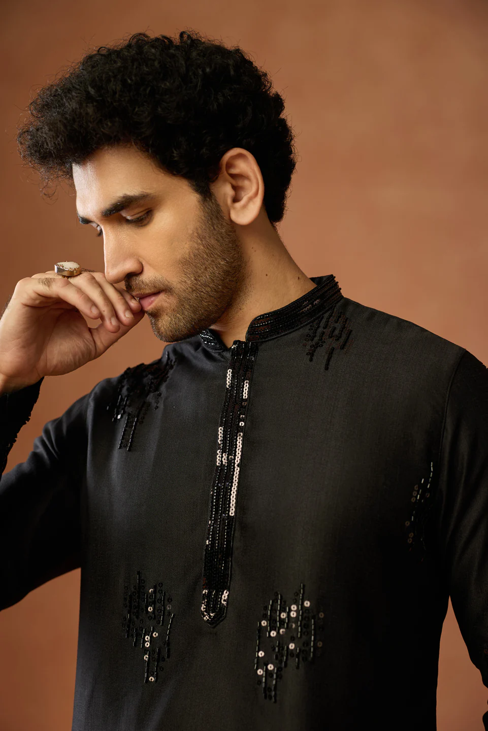 Black Silk Blend Sequin Embroidered Kurta Trouser Set - Image 5