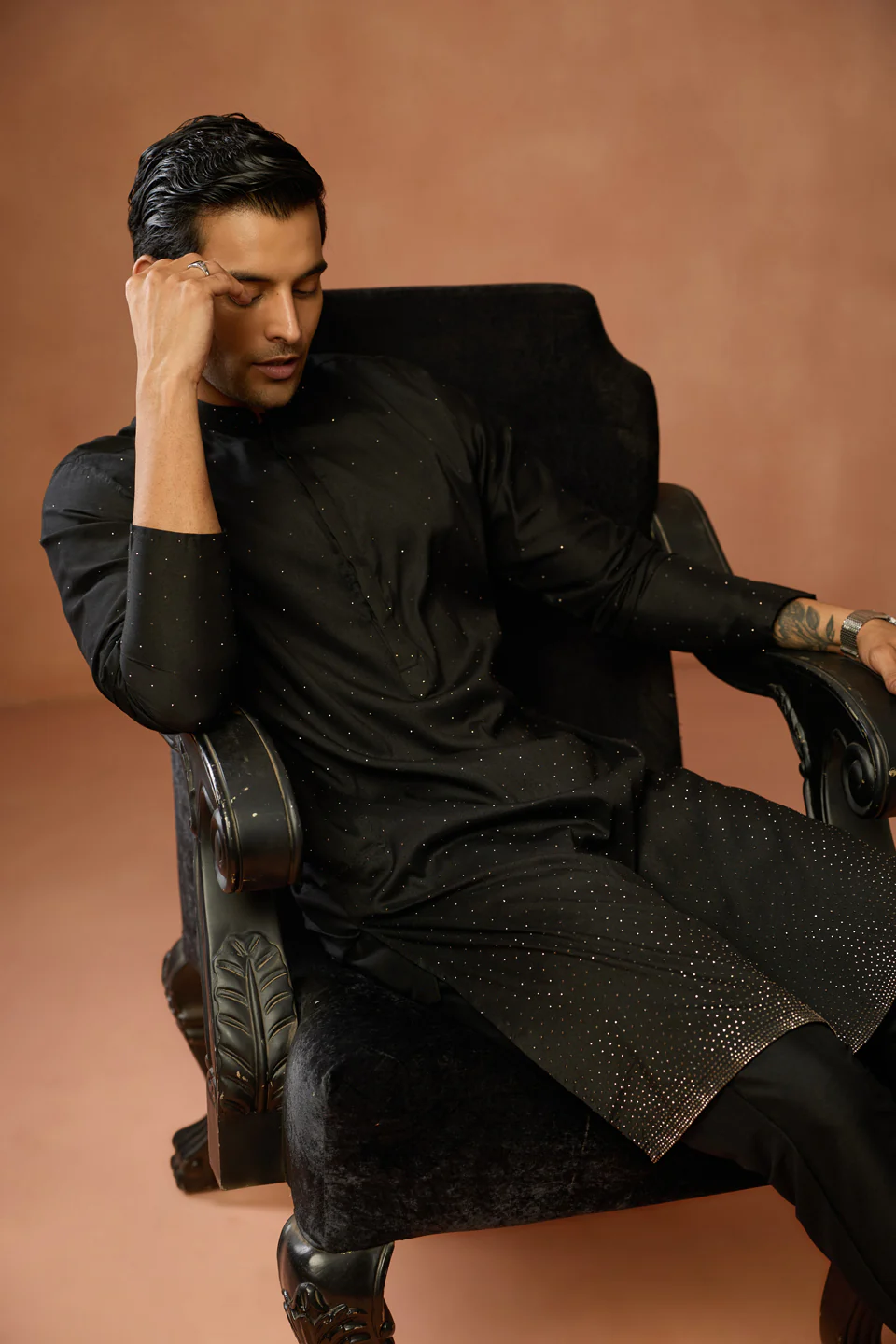 Black Silk Blend Sequin Kurta Trouser Set - Image 8
