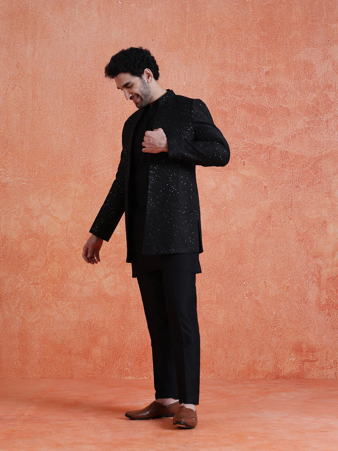 Black Silk Blend Sequin Mid Kurta Front Open Double Layer Short Sherwani Trouser Set - Image 2