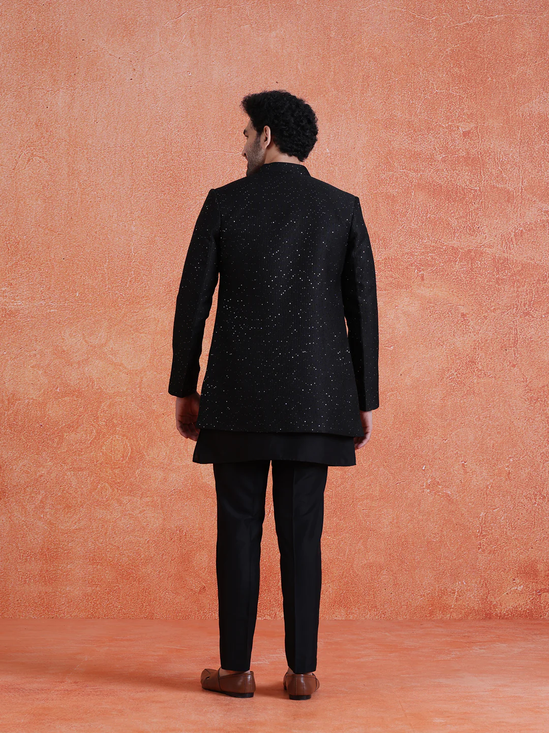 Black Silk Blend Sequin Mid Kurta Front Open Double Layer Short Sherwani Trouser Set - Image 4