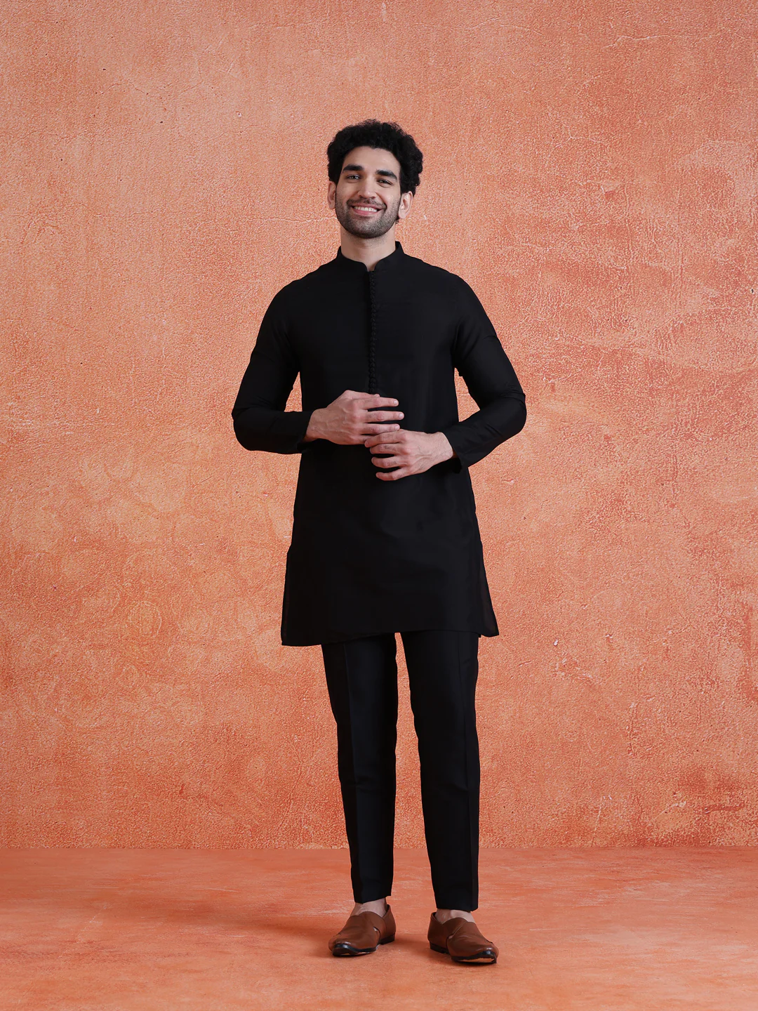 Black Silk Blend Sequin Mid Kurta Front Open Double Layer Short Sherwani Trouser Set - Image 7