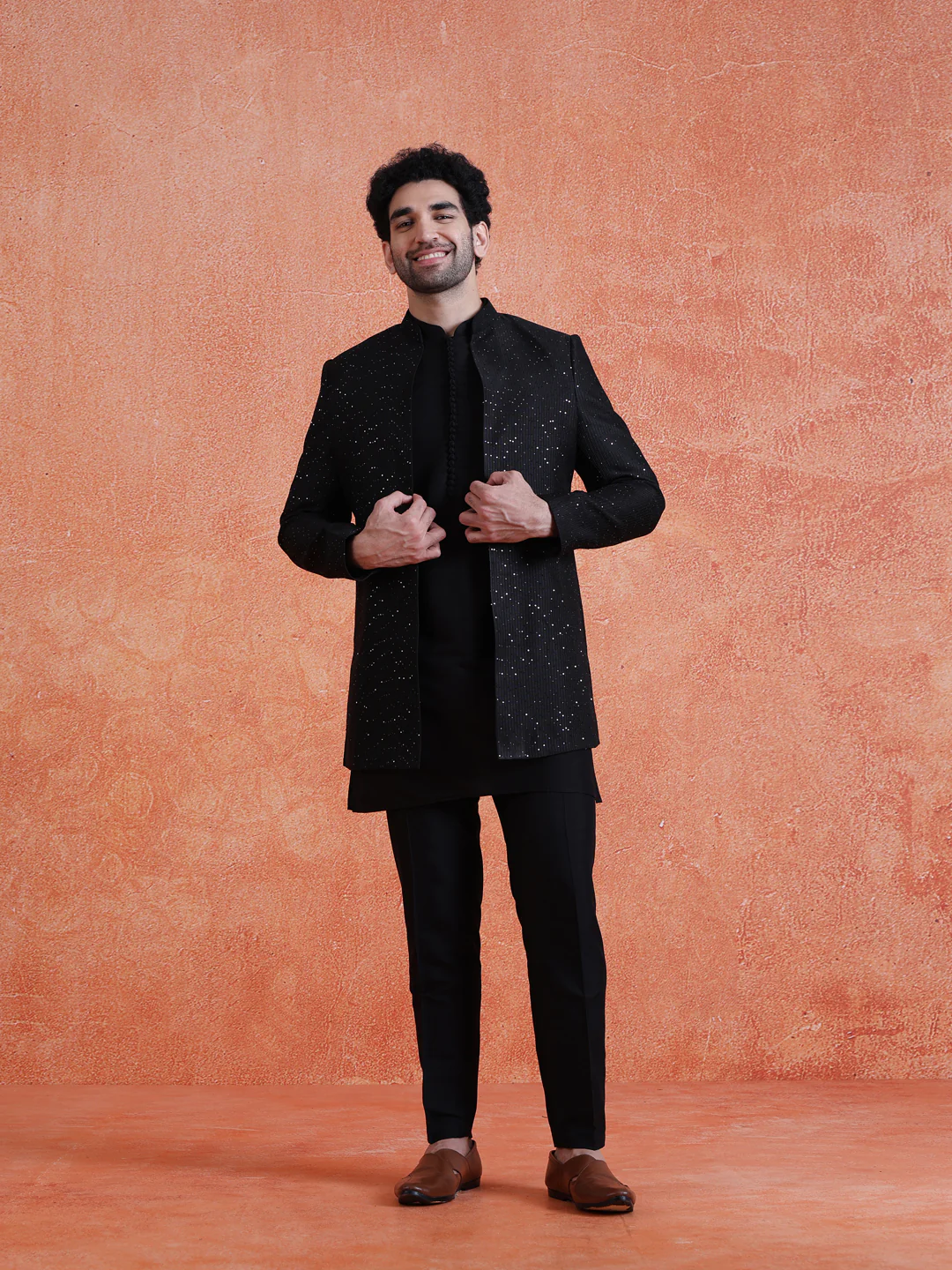 Black Silk Blend Sequin Mid Kurta Front Open Double Layer Short Sherwani Trouser Set - Image 8