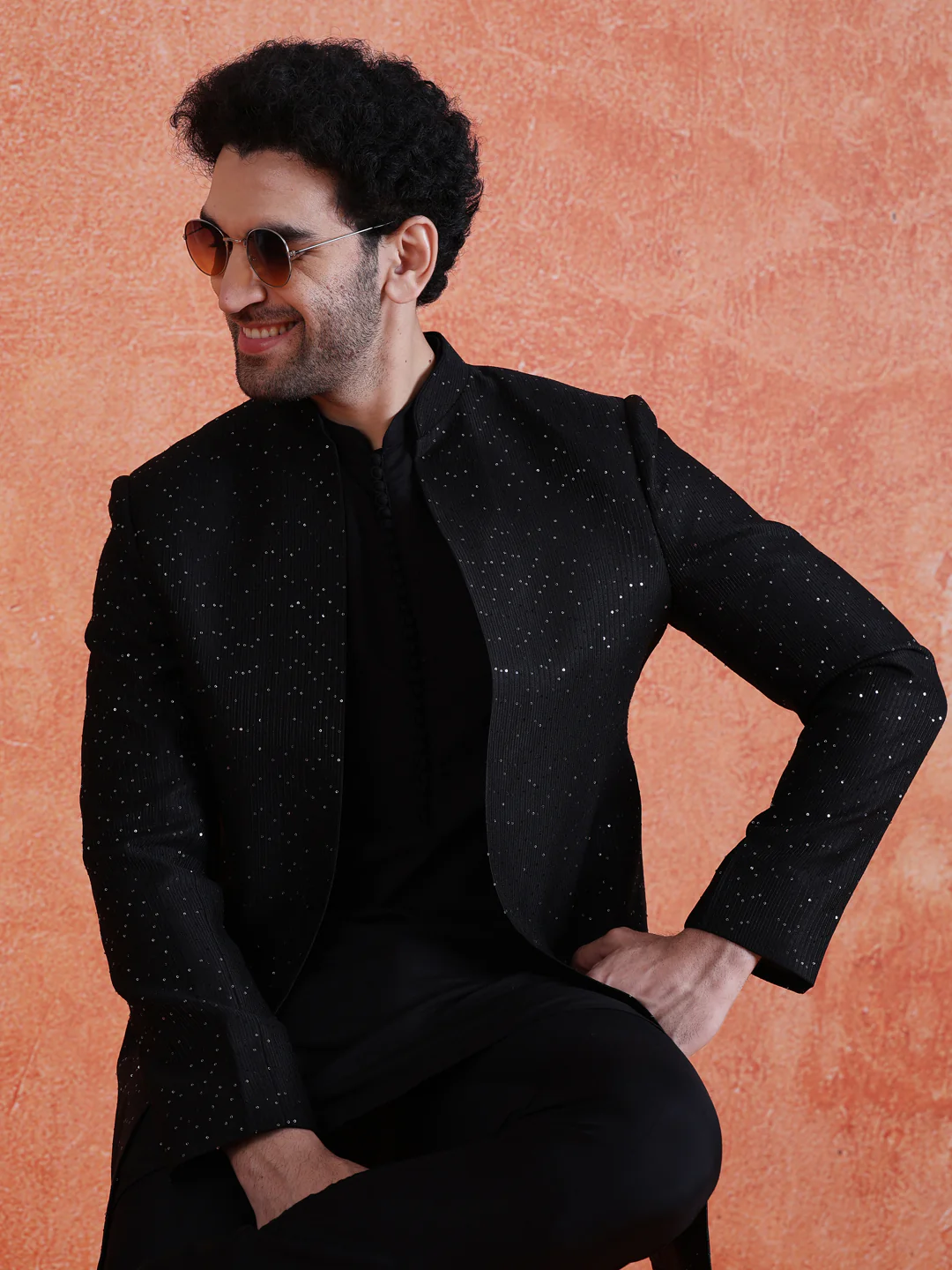 Black Silk Blend Sequin Mid Kurta Front Open Double Layer Short Sherwani Trouser Set - Image 9