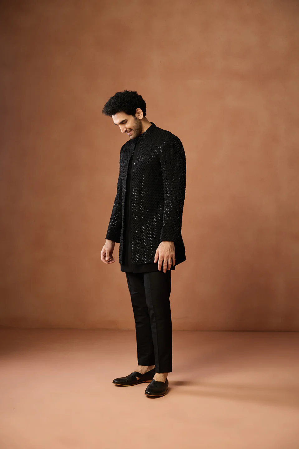 Black Silk Blend Sequin Sherwani Trouser Set - Image 2