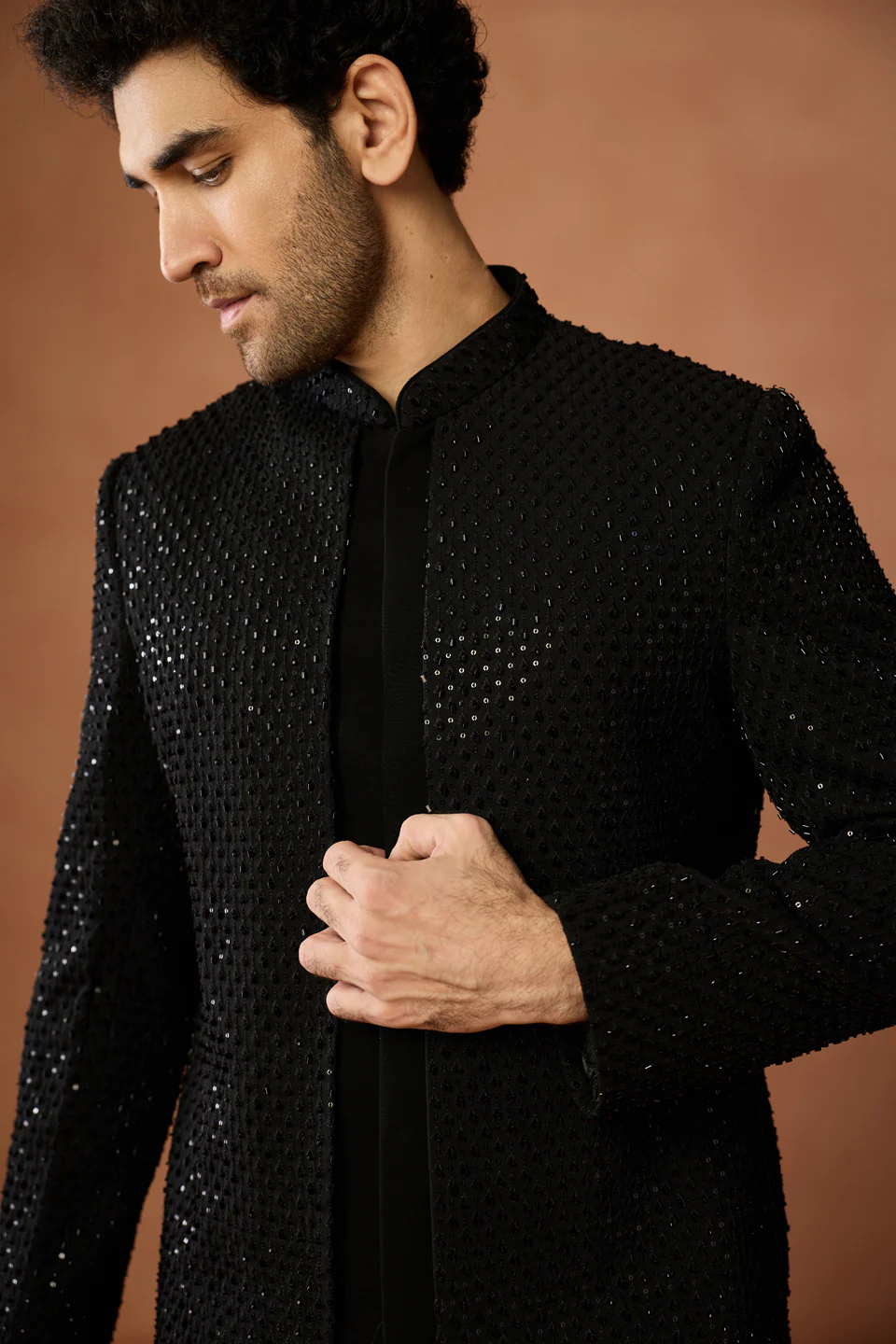 Black Silk Blend Sequin Sherwani Trouser Set - Image 5
