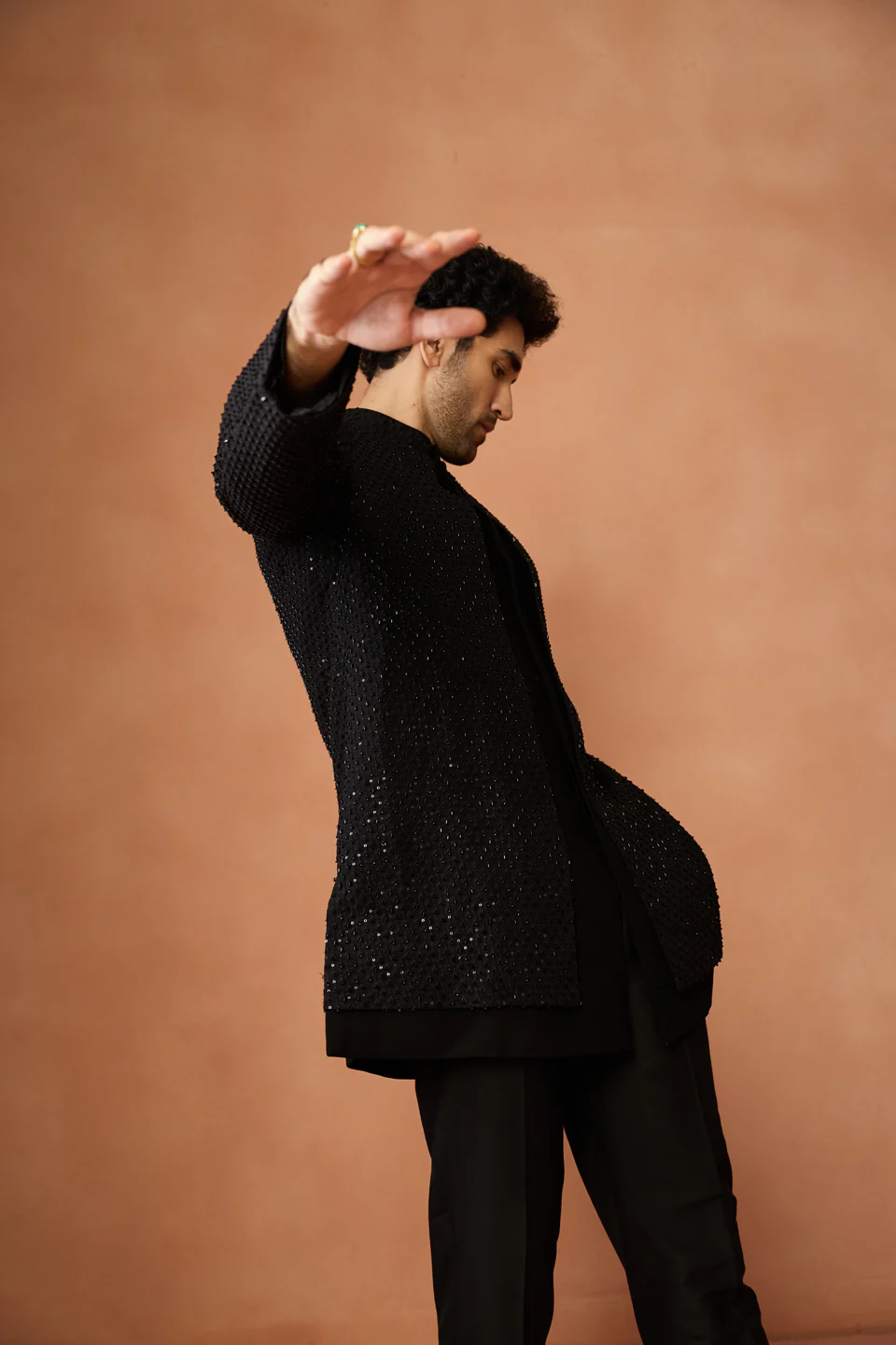 Black Silk Blend Sequin Sherwani Trouser Set - Image 7