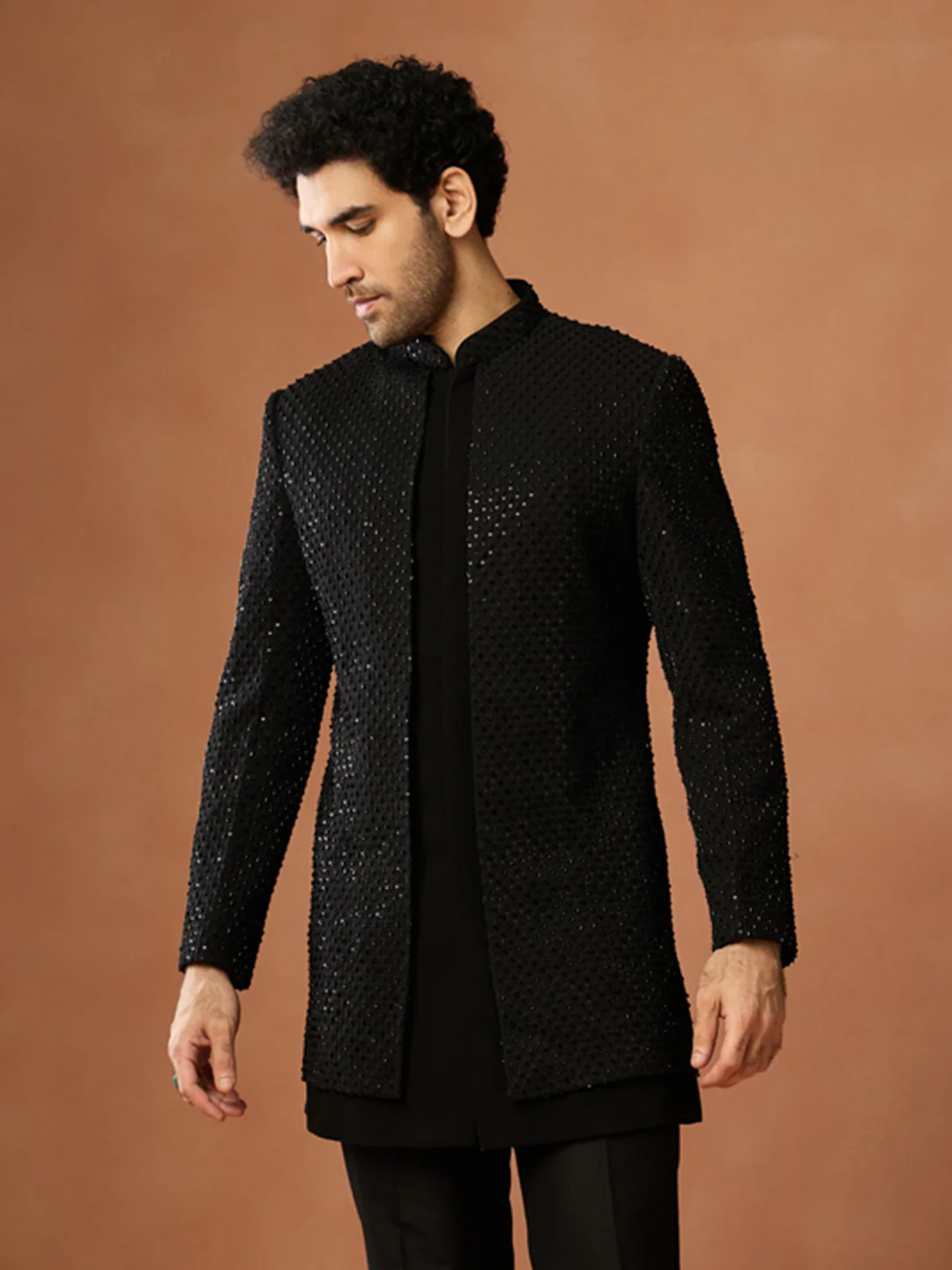 Black Silk Blend Sequin Sherwani Trouser Set - Image 8