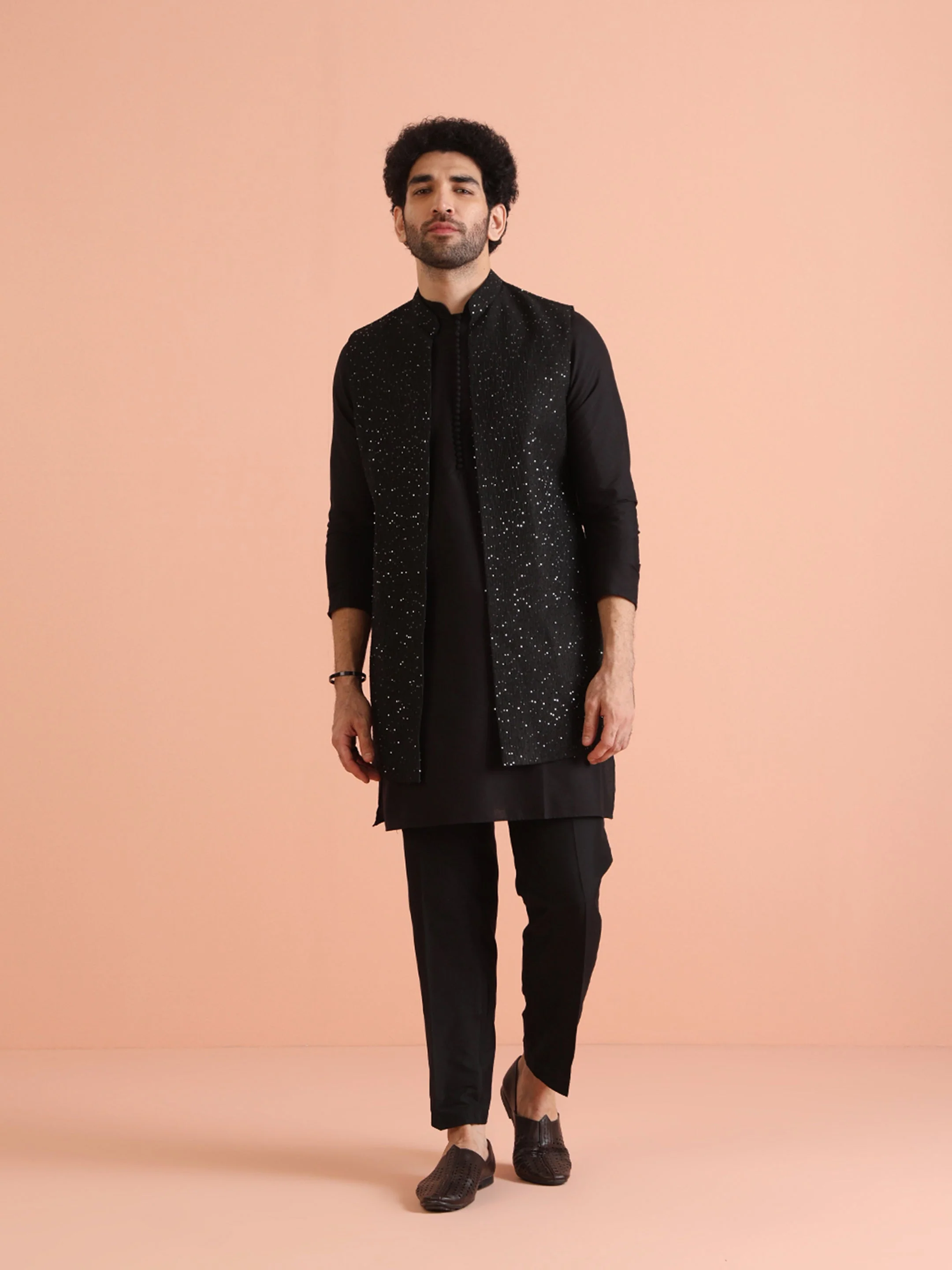 Black Silk Blend Sequined Nehru Jacket Set - Image 7