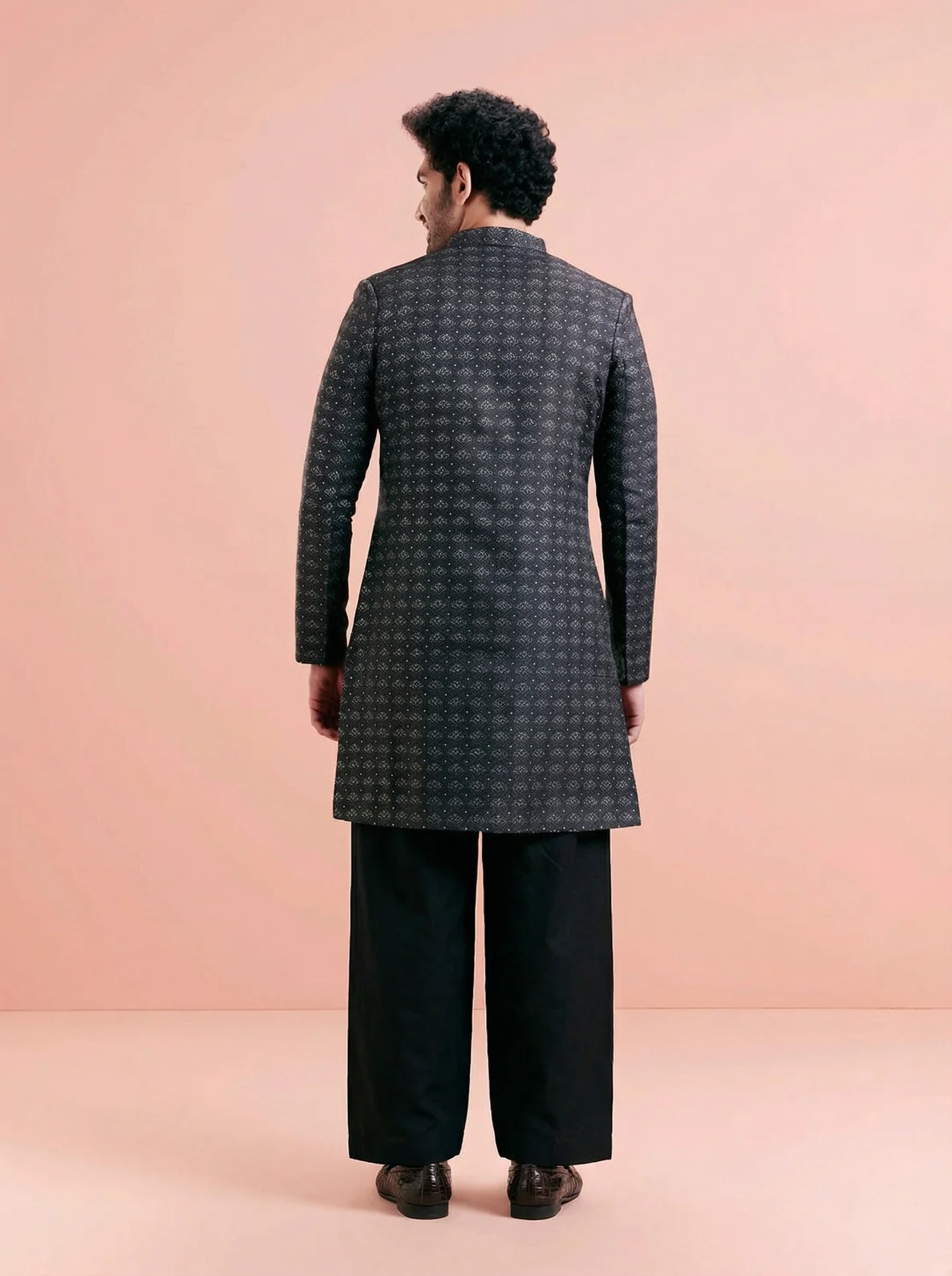 Black Silk Blend Textured Sherwani Wide Leg Trouser Set - Image 3