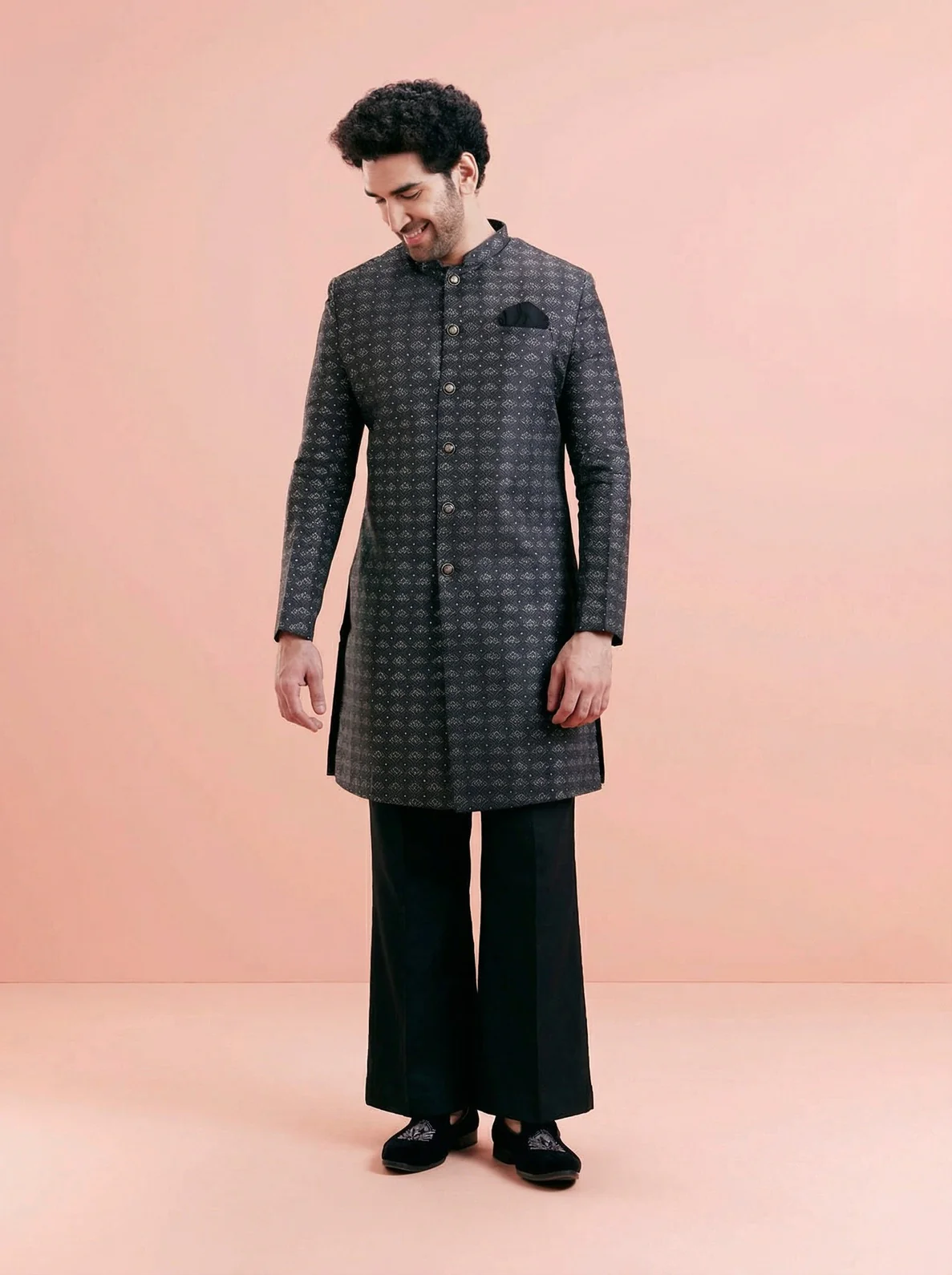 Black Silk Blend Textured Sherwani Wide Leg Trouser Set - Image 7