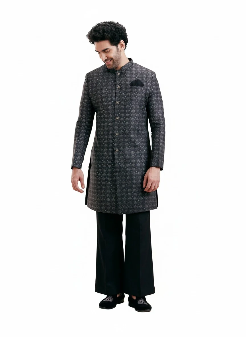 Black Silk Blend Textured Sherwani Wide Leg Trouser Set - Image 8