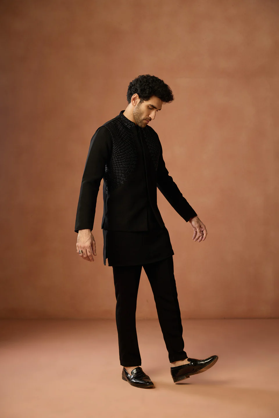 Black Silk Embroidered Nehru Jacket Festive Wear - Image 2