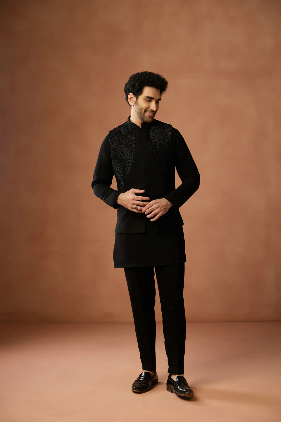 Black Silk Embroidered Nehru Jacket Festive Wear - Image 6