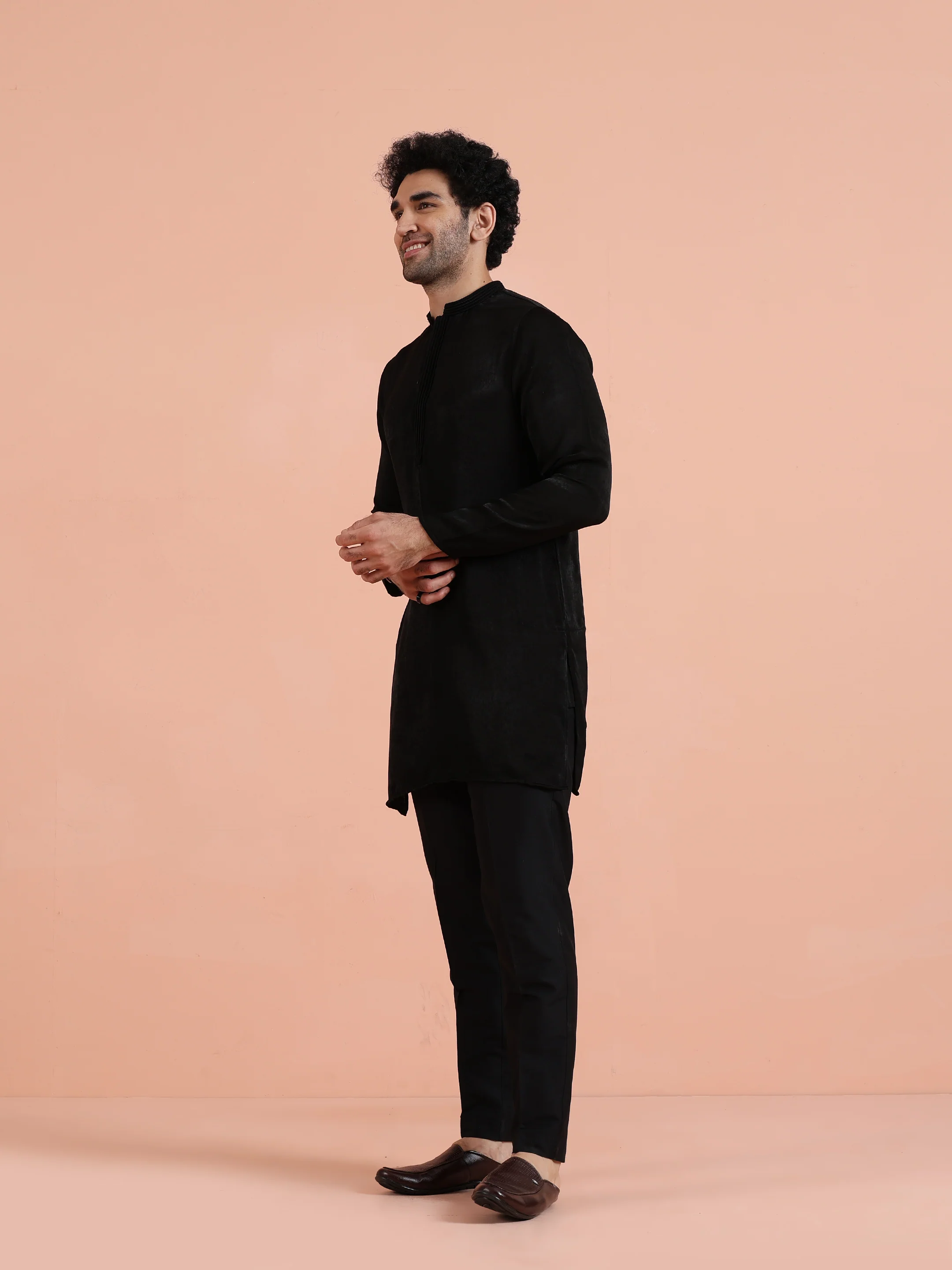 Black Solid Cotton Kurta Trouser Set - Image 3