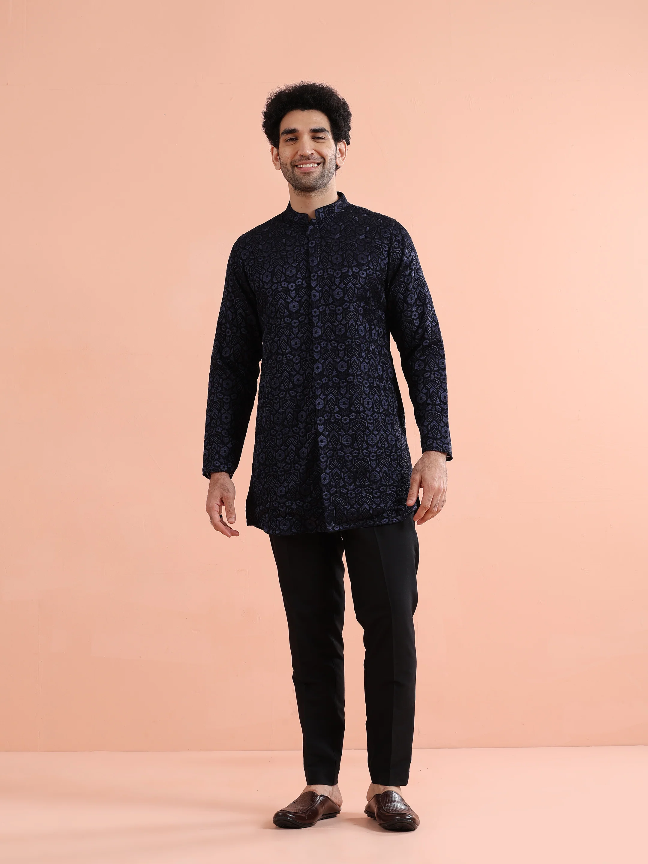 Blue Textured Kurta Trouser Set - Image 7
