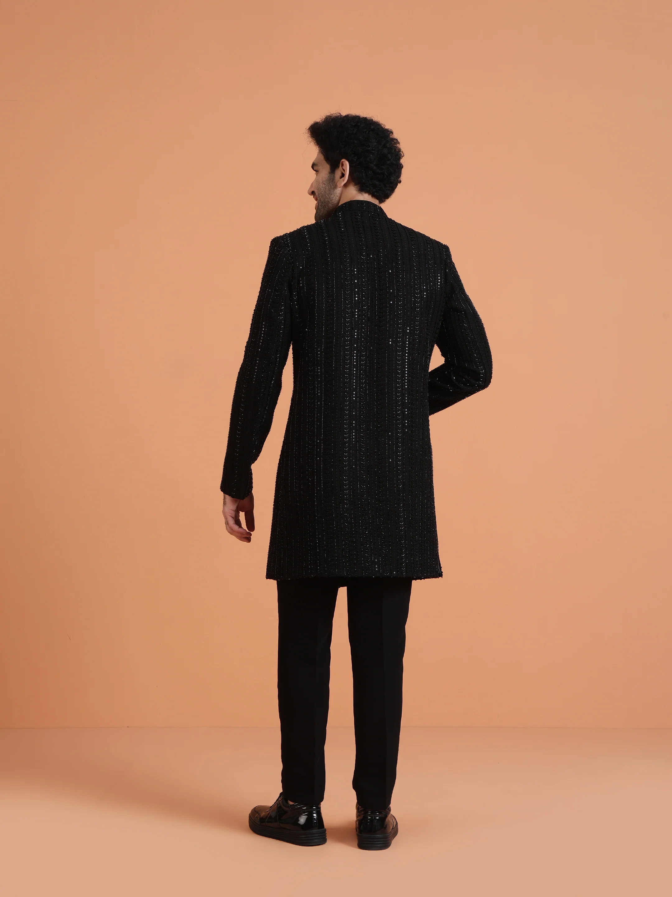 Black Velvet Sequin Sherwani Jodhpuri Trouser Set - Image 4