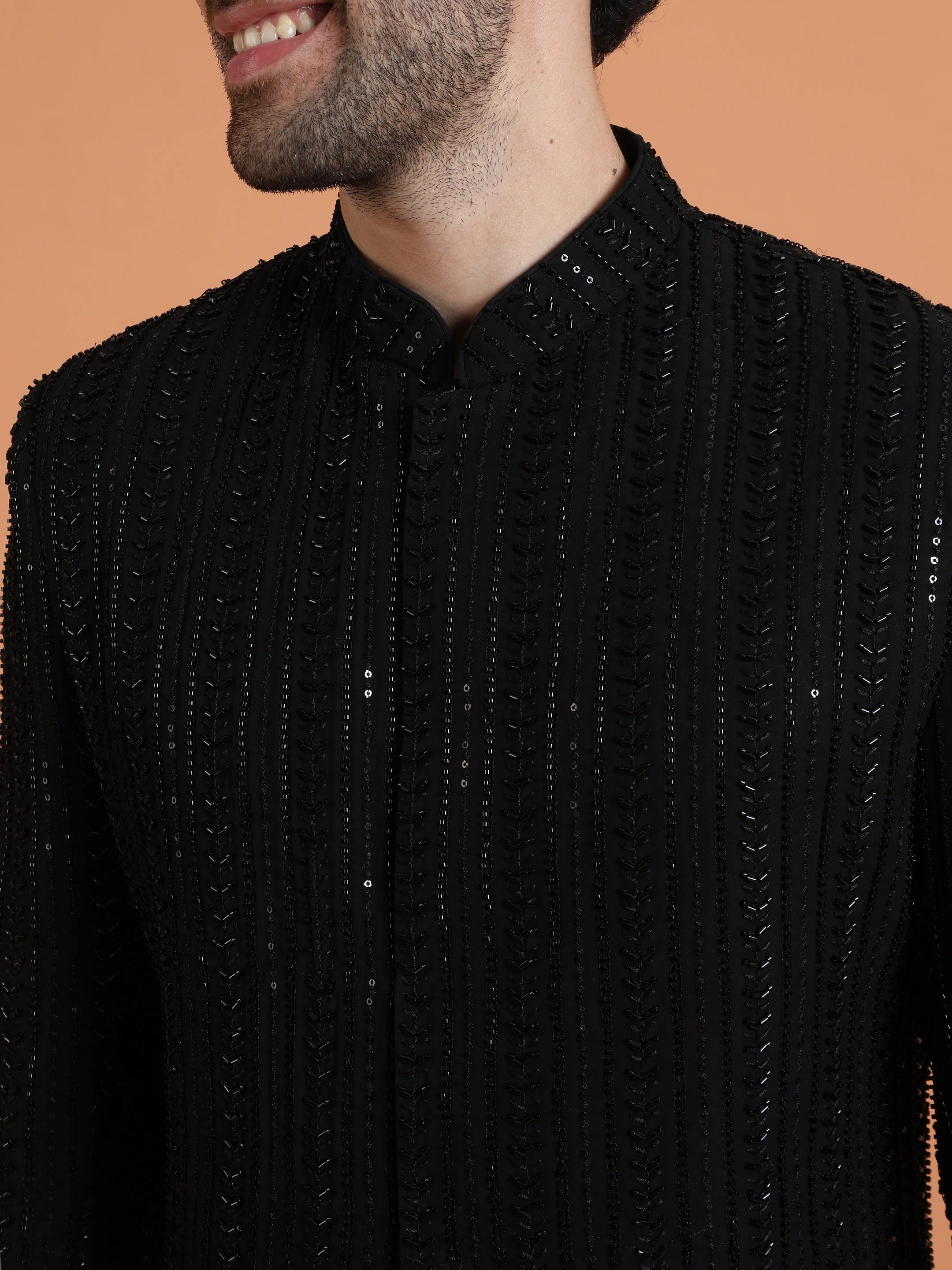 Black Velvet Sequin Sherwani Jodhpuri Trouser Set - Image 5