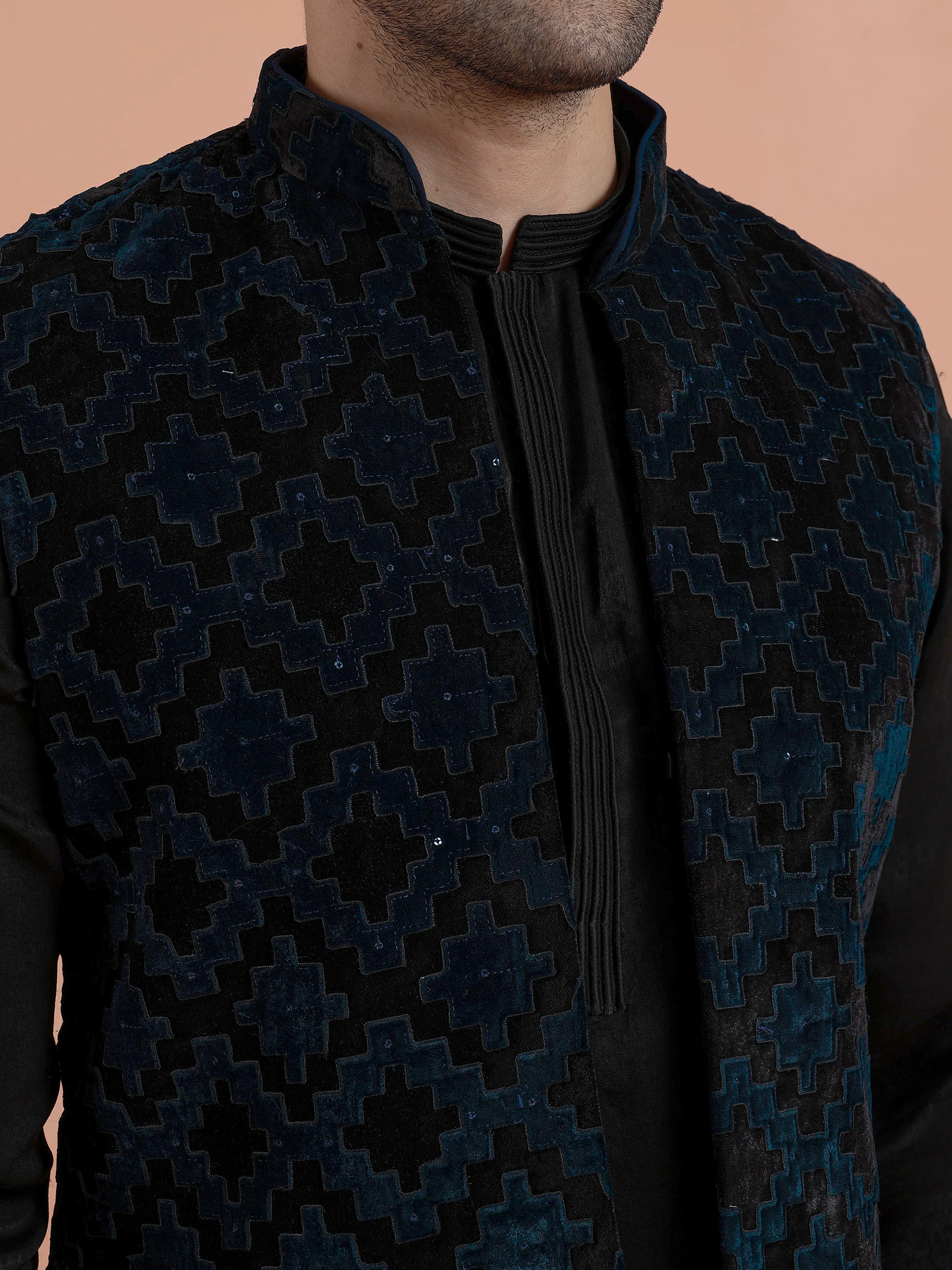Black Velvet Textured Jacket Kurta Trouser Set - Image 5