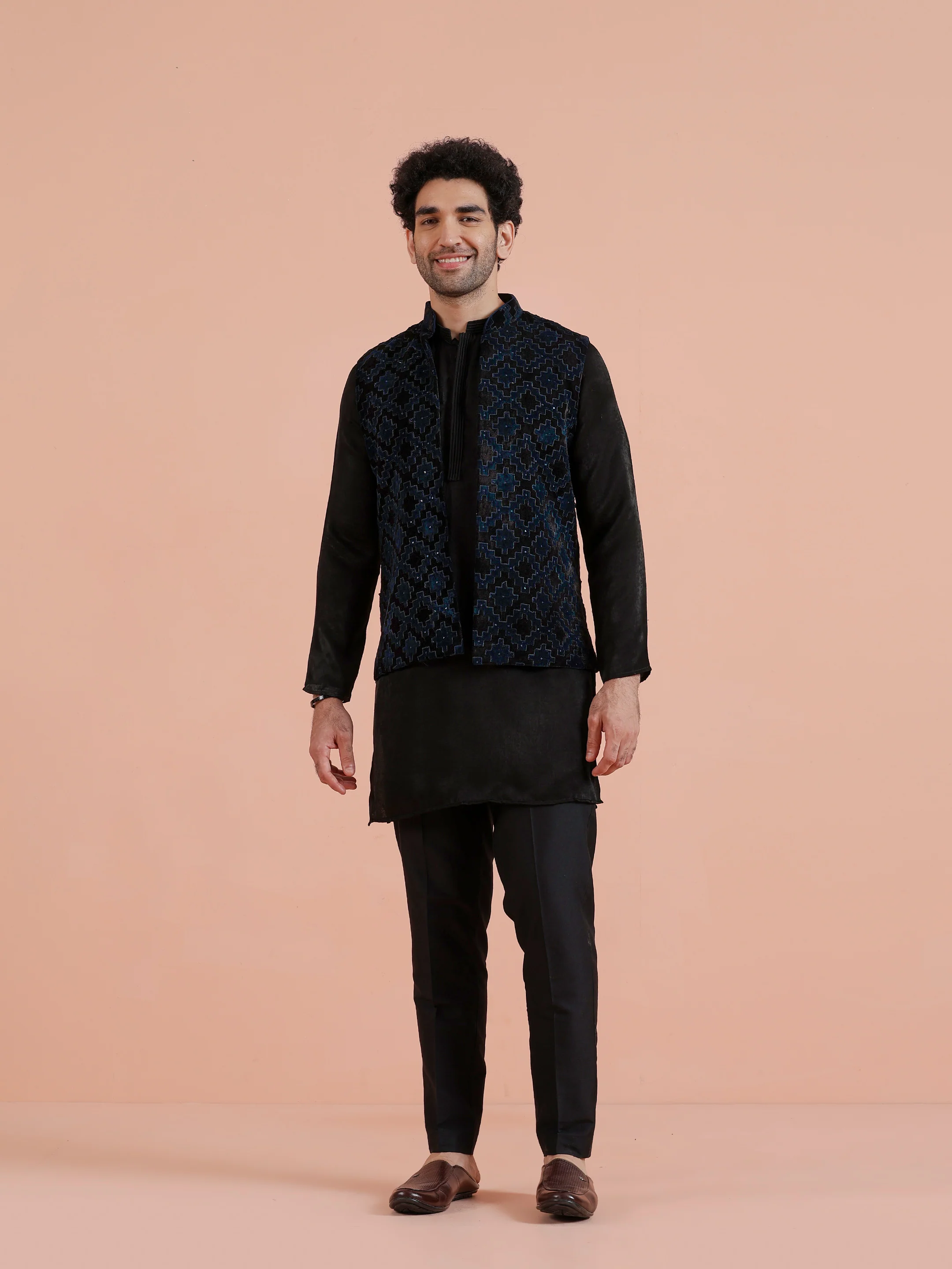 Black Velvet Textured Jacket Kurta Trouser Set - Image 8