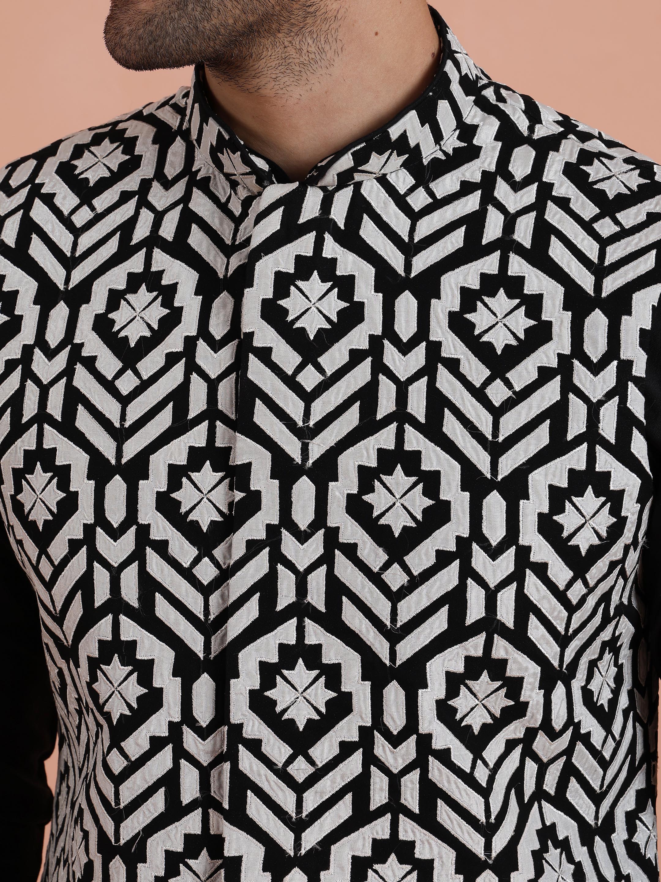 Black & White Geometric Printed Nehru Jacket - Image 5