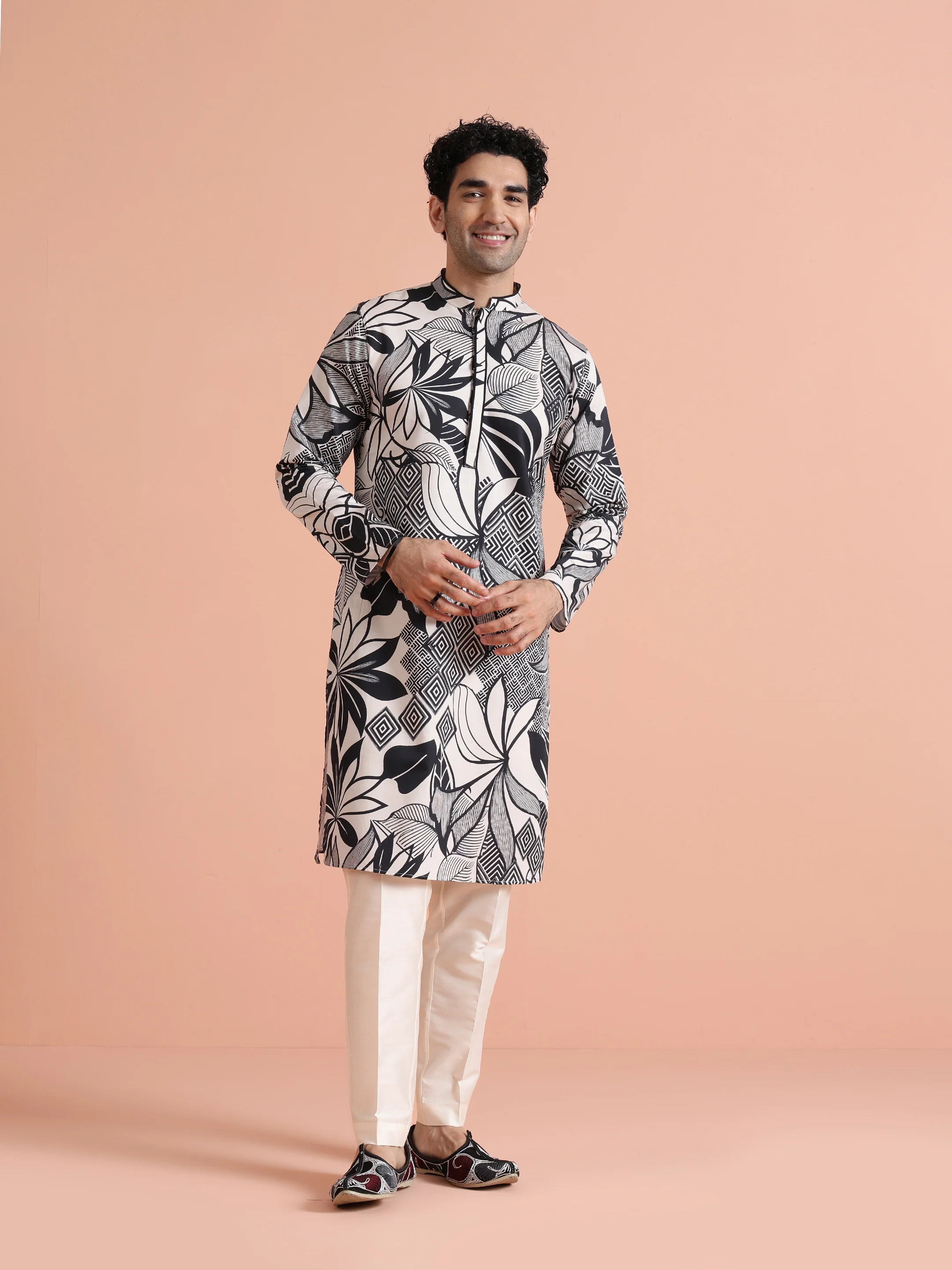 Black White Printed Cotton Kurta Trouser - Image 2